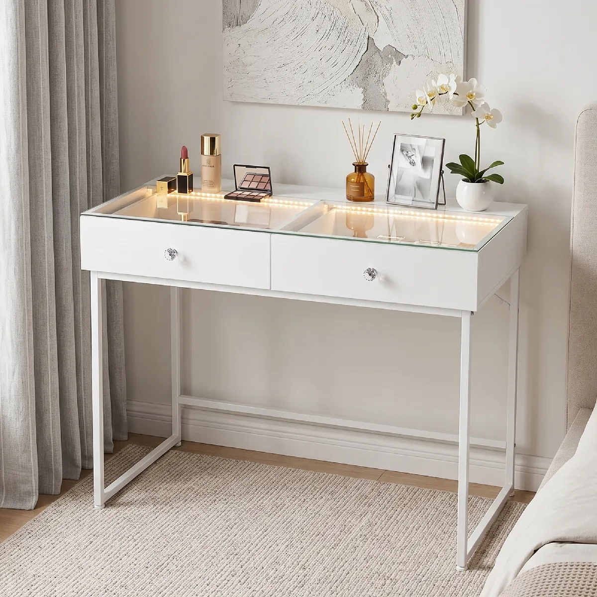 Coiffeuse Avec Eclairage LED Sans Miroir Blanc 100x55 cm Meuble De Toilette 2 Tiroirs