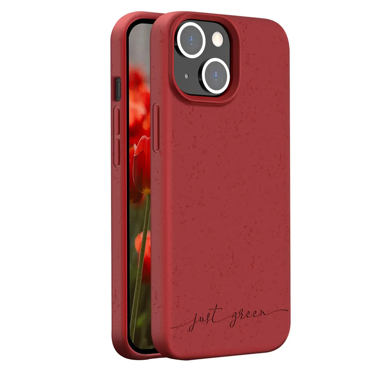 Just Green Rouge Coque Pour Iphone 14 Modèle Natura Compatible Avec Recharge Sans Fil