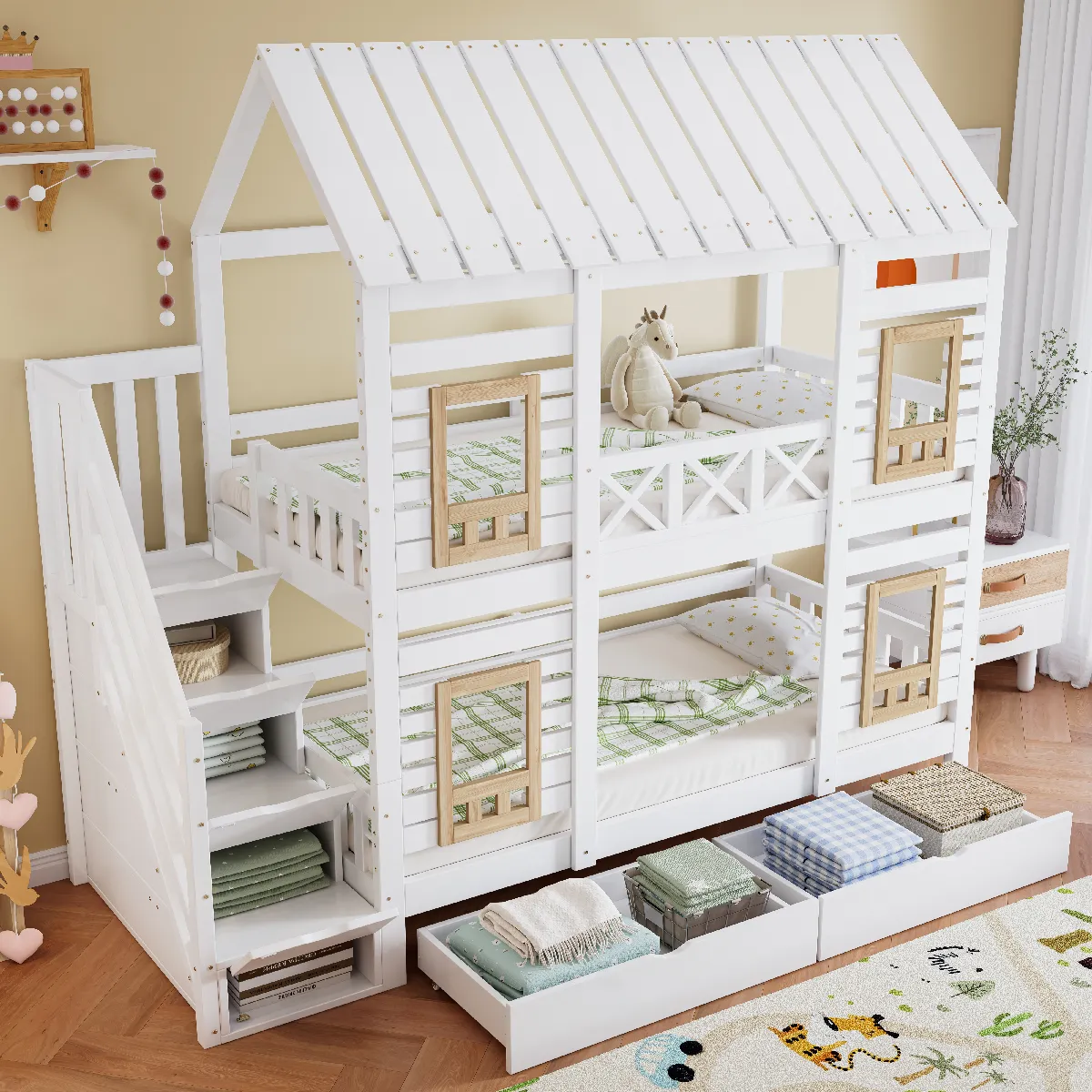 Avec rangement, fenêtres et échelle - Pin, MDF et Contreplaqué - Sans Matelas