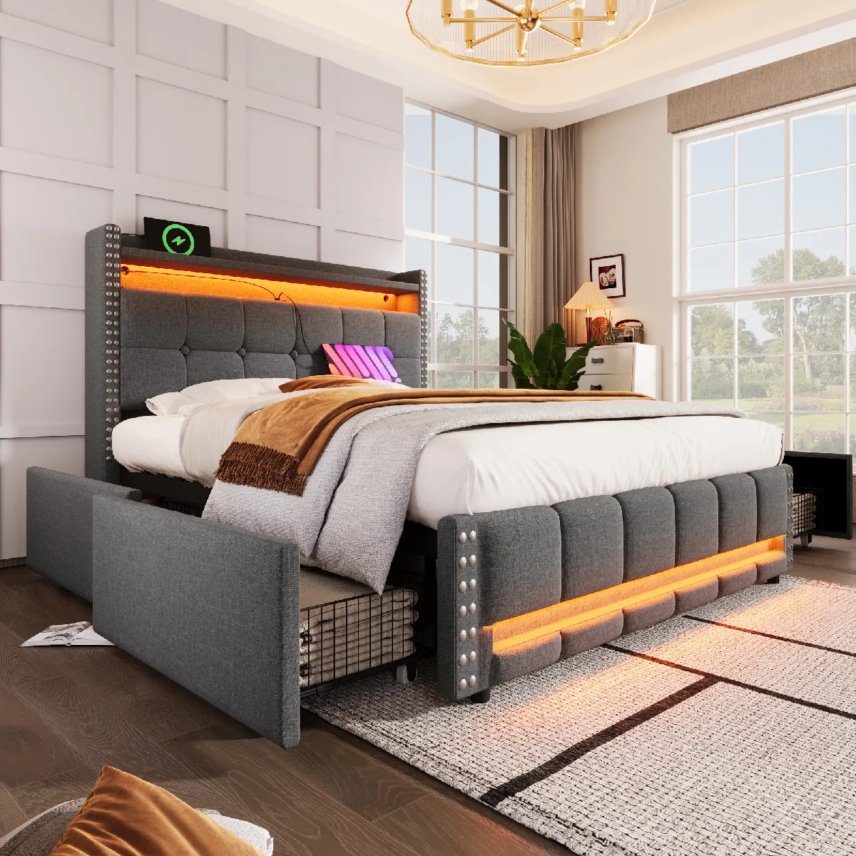 Lit Double 140x200 cm avec Tiroirs et LED Intégrée - Lin - Sans Matelas