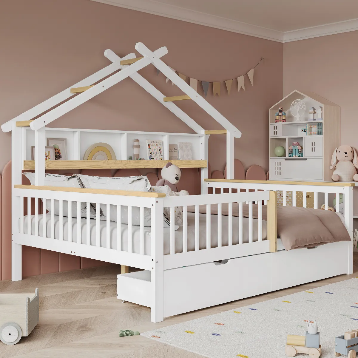Avec toit et barreaux de sécurité, tiroirs à roulettes - Bois - Sans Matelas