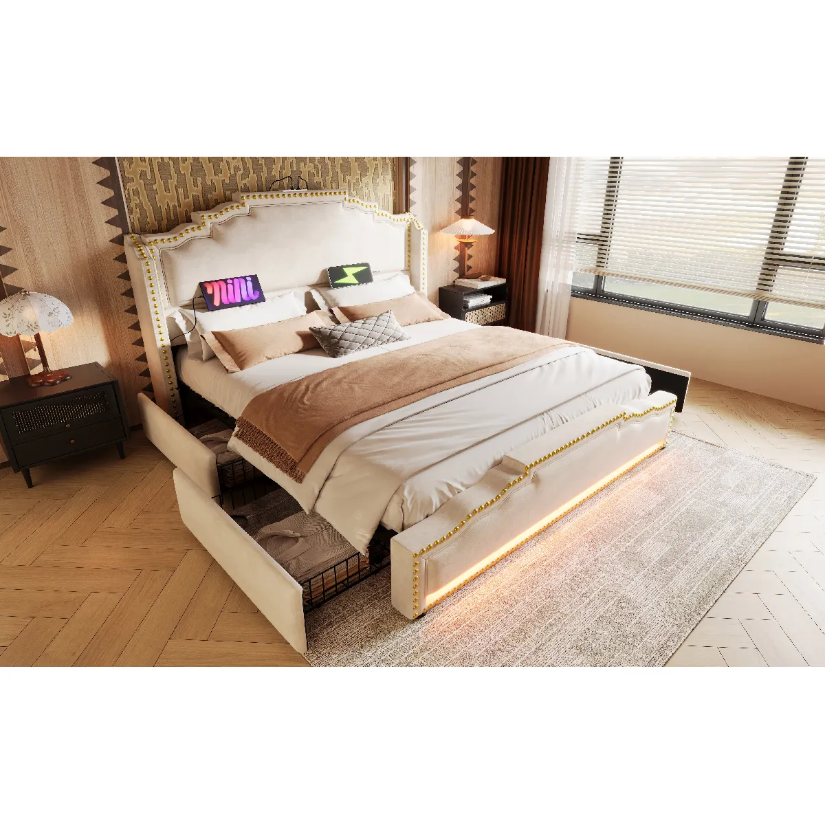 Avec cadre à lattes et rangement - Velours - Sans Matelas