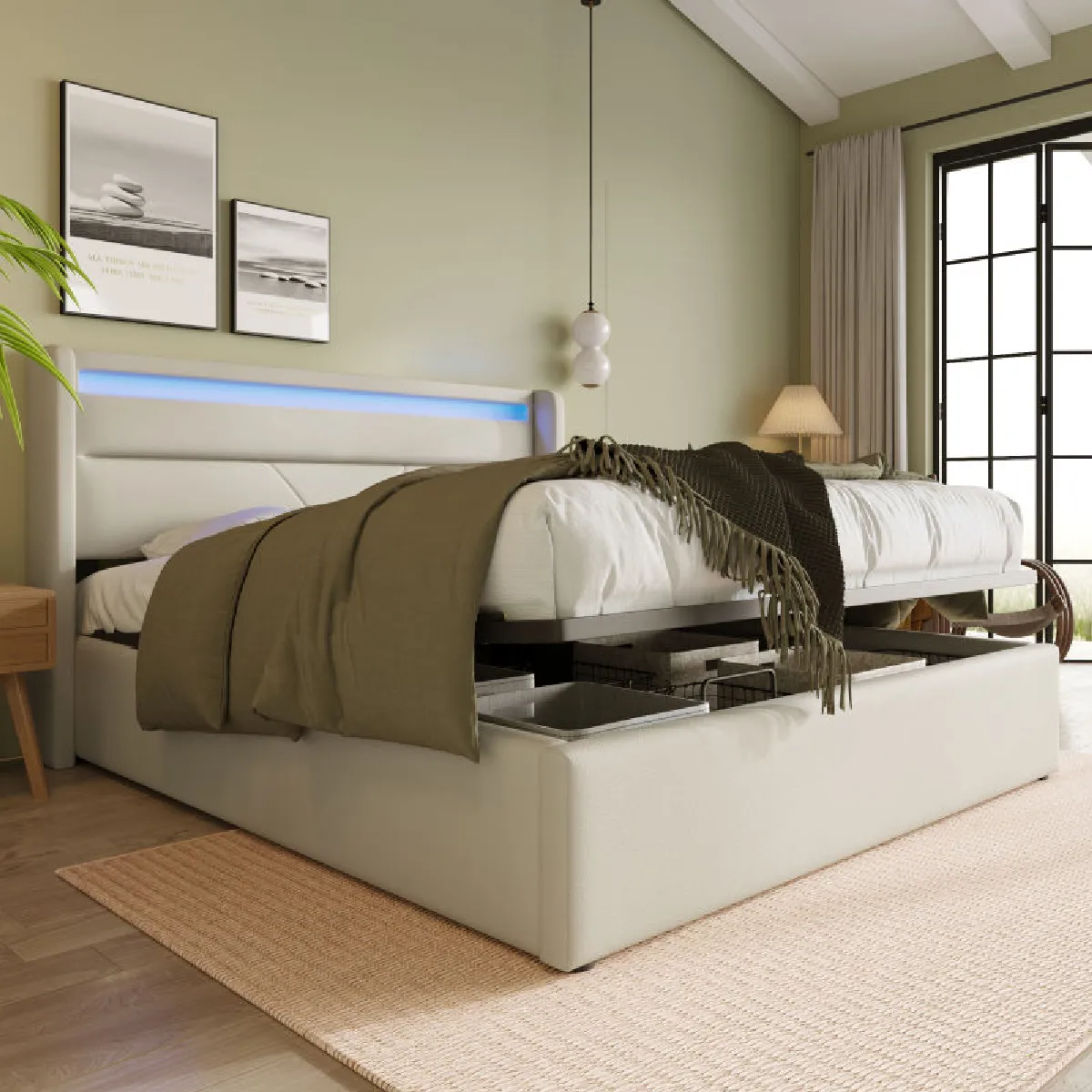 Avec Coffre Hydraulique, Éclairage LED et Matelas Inclus - PU - Avec Matelas