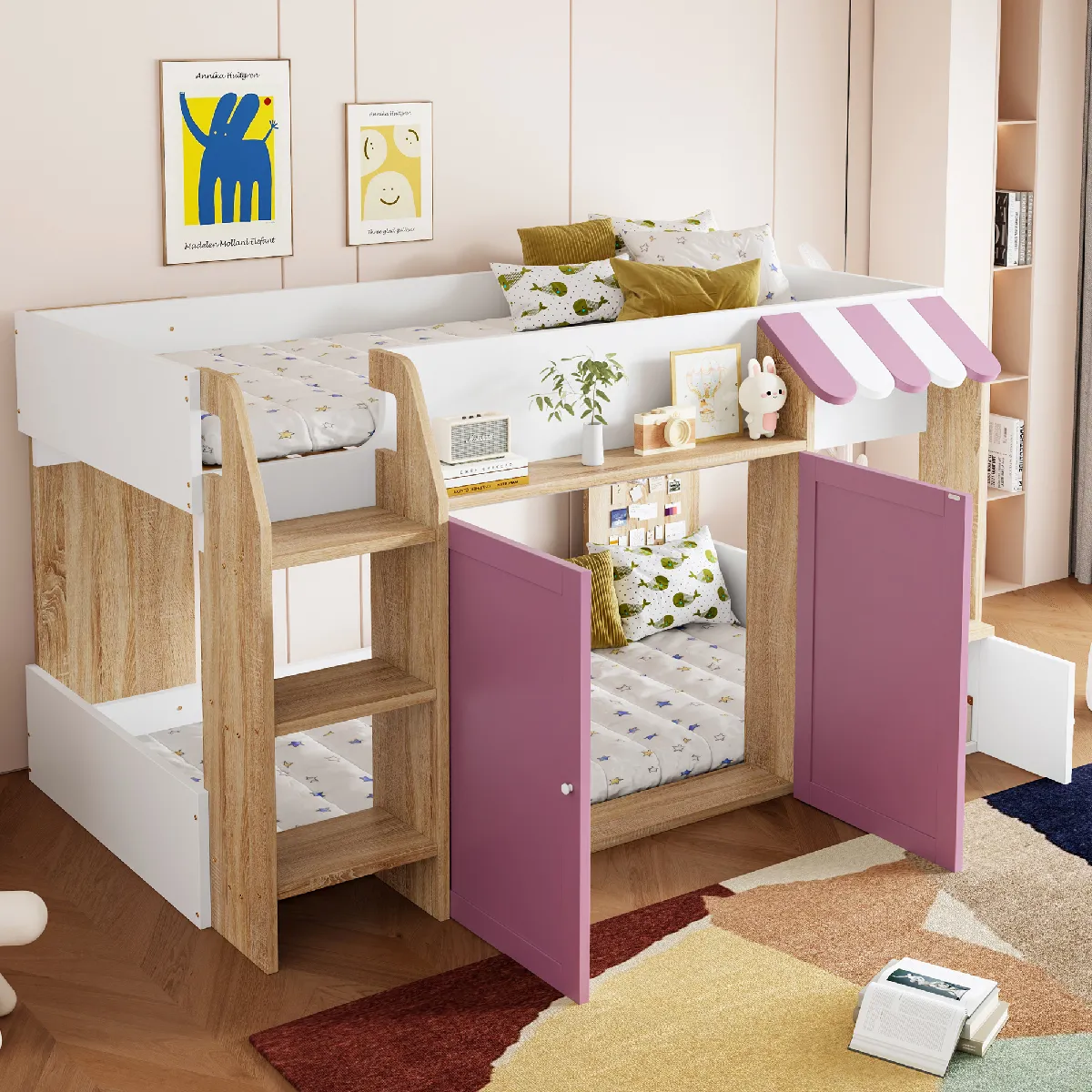 Lit Mezzanine Enfant 90x200 cm - Semi-Haut avec Espace de Jeu - Bois - Sans Matelas