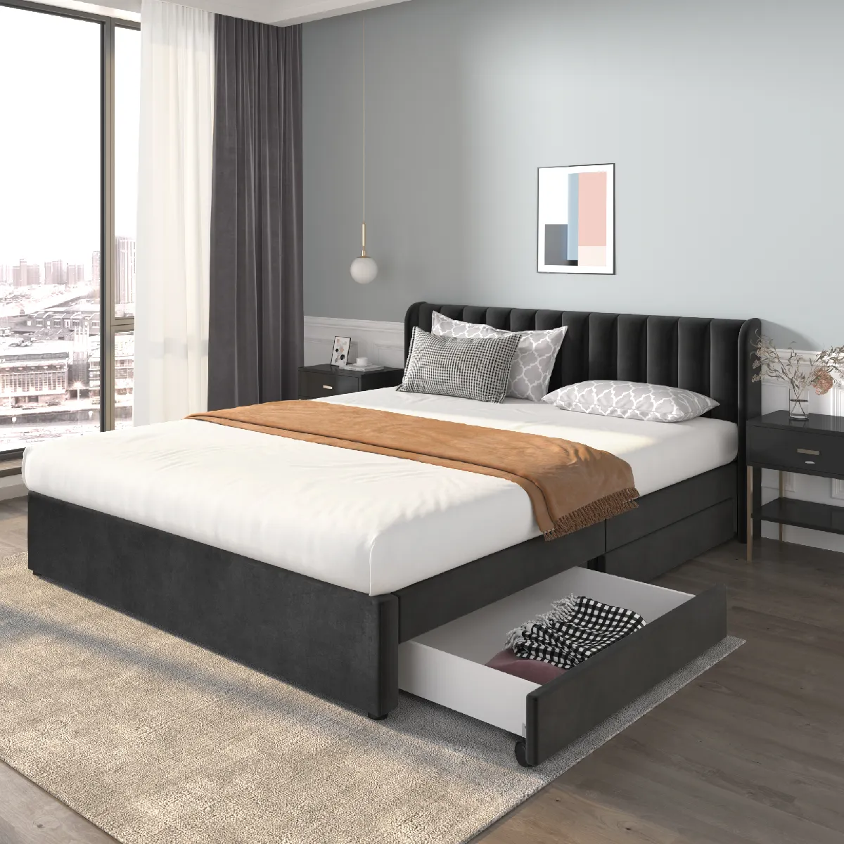 Lit avec rangement sous le lit et tiroirs - Velours et MDF - Sans Matelas