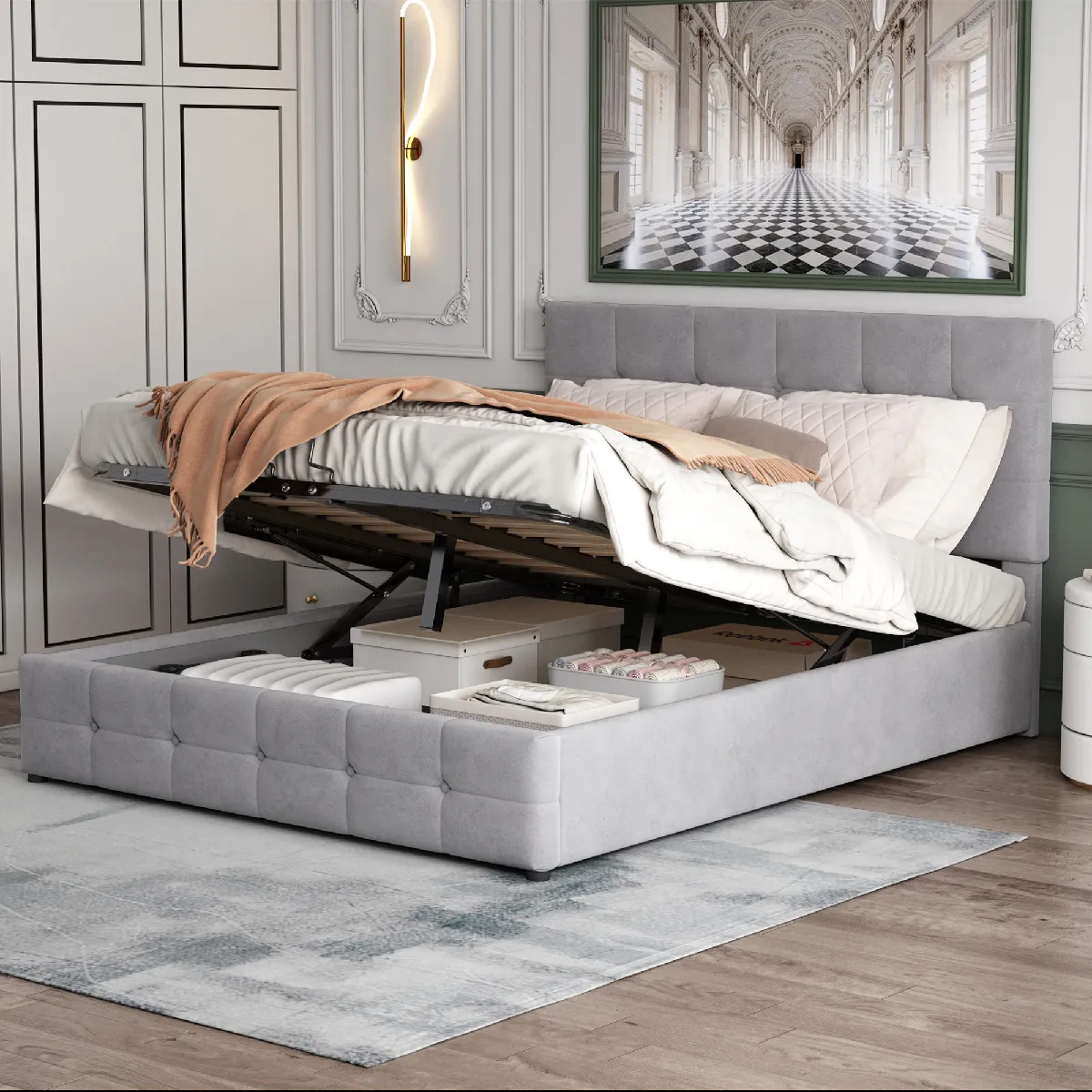 Lit avec sommier métallique et cadre en velours - Velours et MDF - Sans Matelas