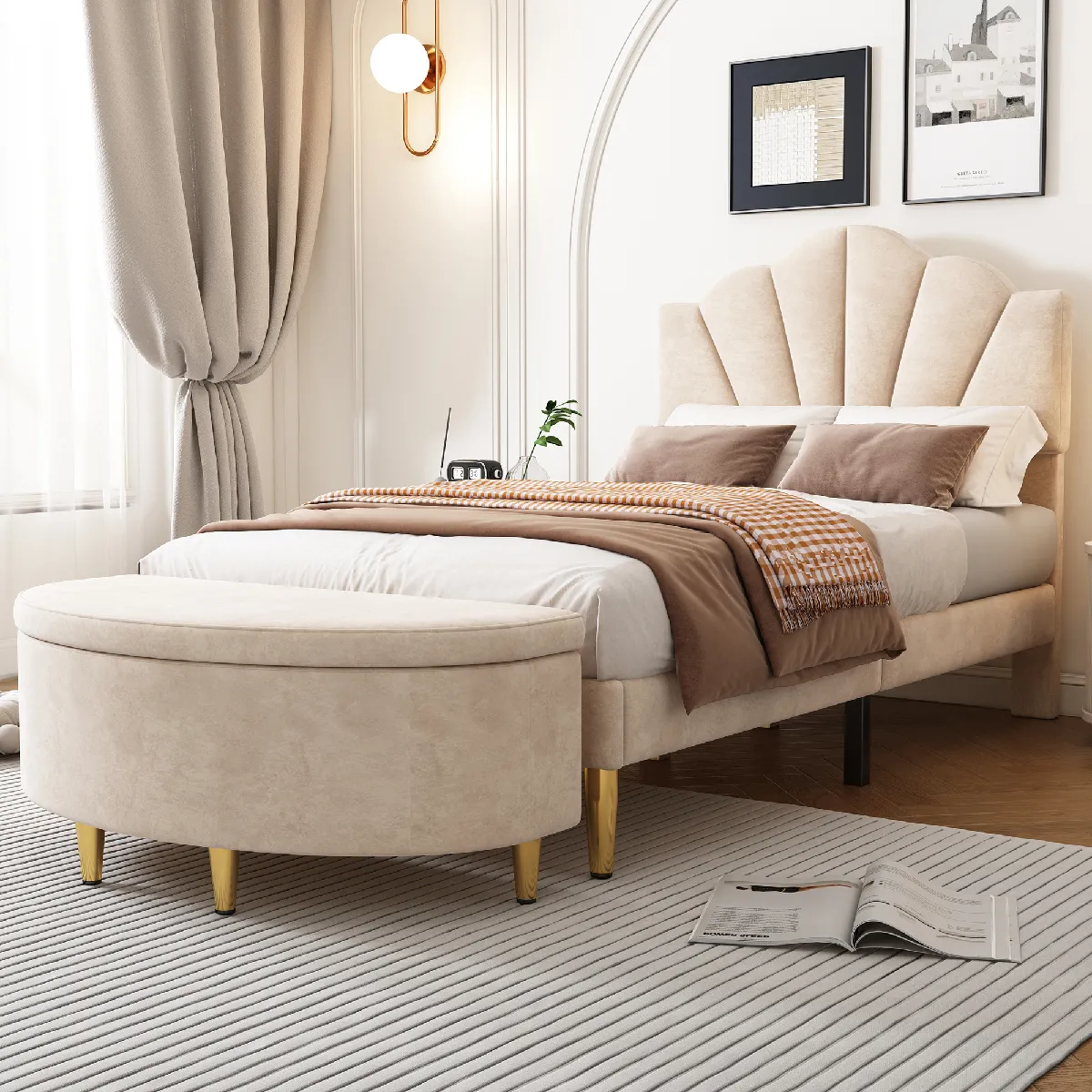 Lit design moderne avec rangement - Velours et MDF - Sans Matelas