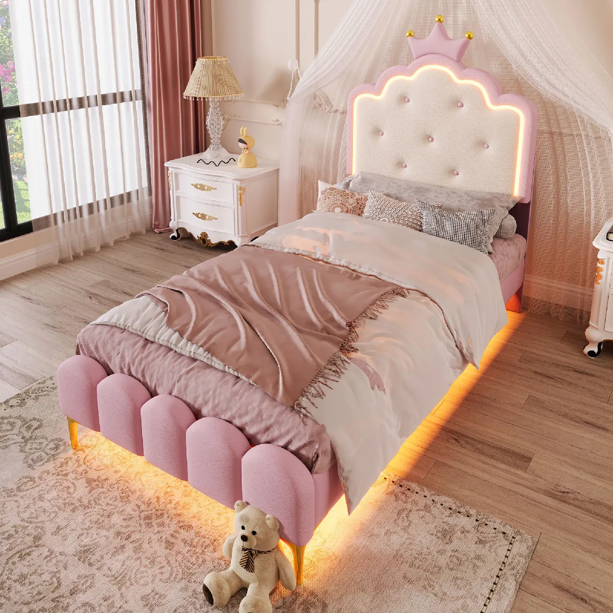 Lit capitonné avec sommier à lattes et design enfant - PU et MDF - Sans Matelas