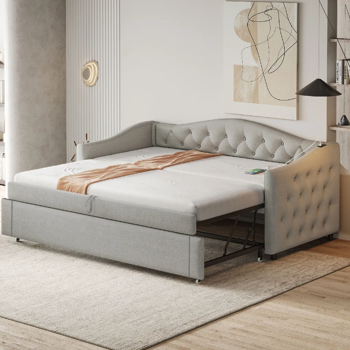 Lit Gigogne Gris 90x200 cm, Tissu Lin, Canapé Classique avec Boutons, Lit d'Appoint Multifonction, Structure à Lattes et Port USB - Lin - Sans Matelas