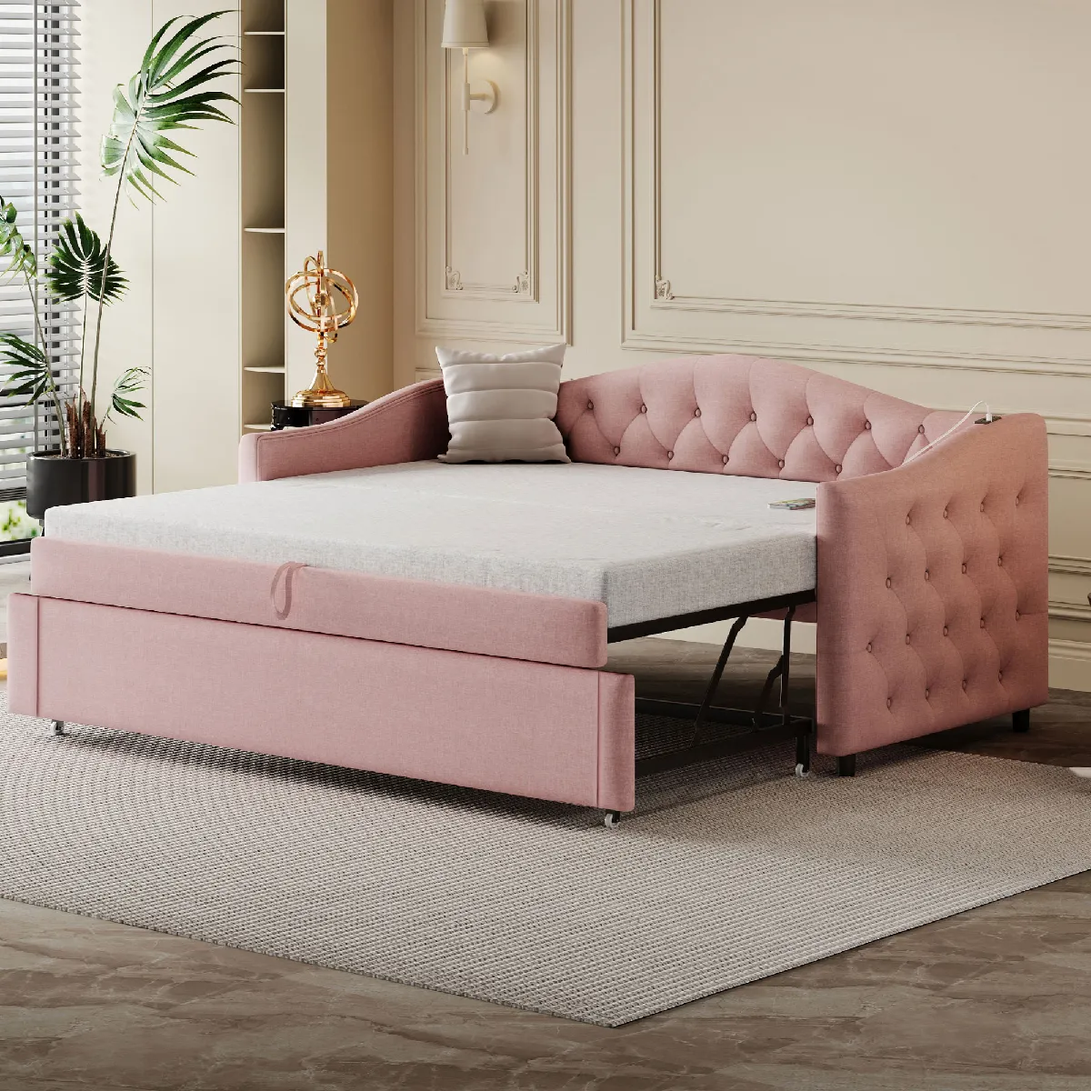 Lit Gigogne Rose 90x200 cm, Tissu Lin, Canapé Classique avec Boutons, Lit d'Appoint Multifonction, Structure à Lattes et Port USB - Lin - Sans Matelas