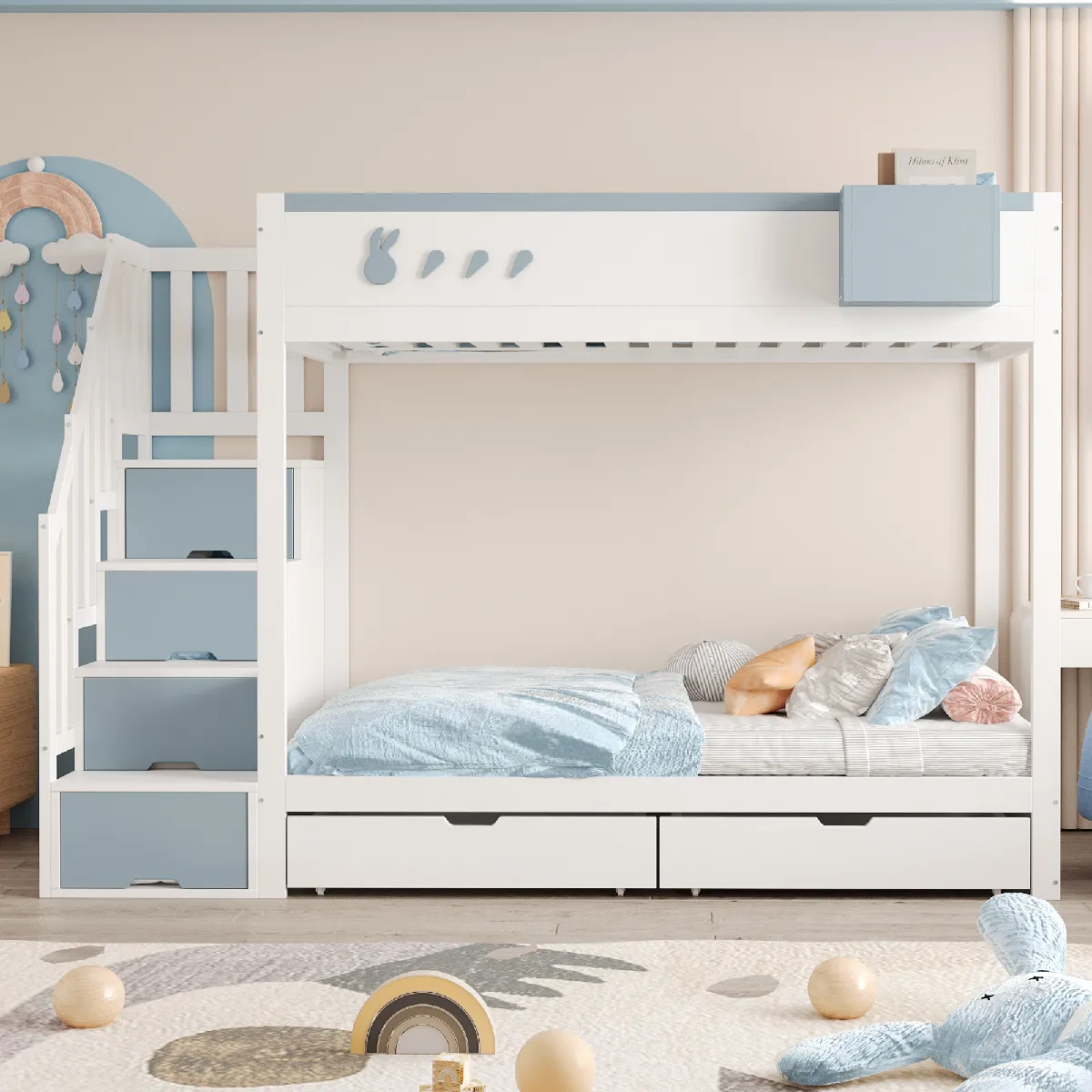 Gain de place avec rangement intégré et barrière de sécurité Matière : Bois + MDF Sans Matelas - vue 2