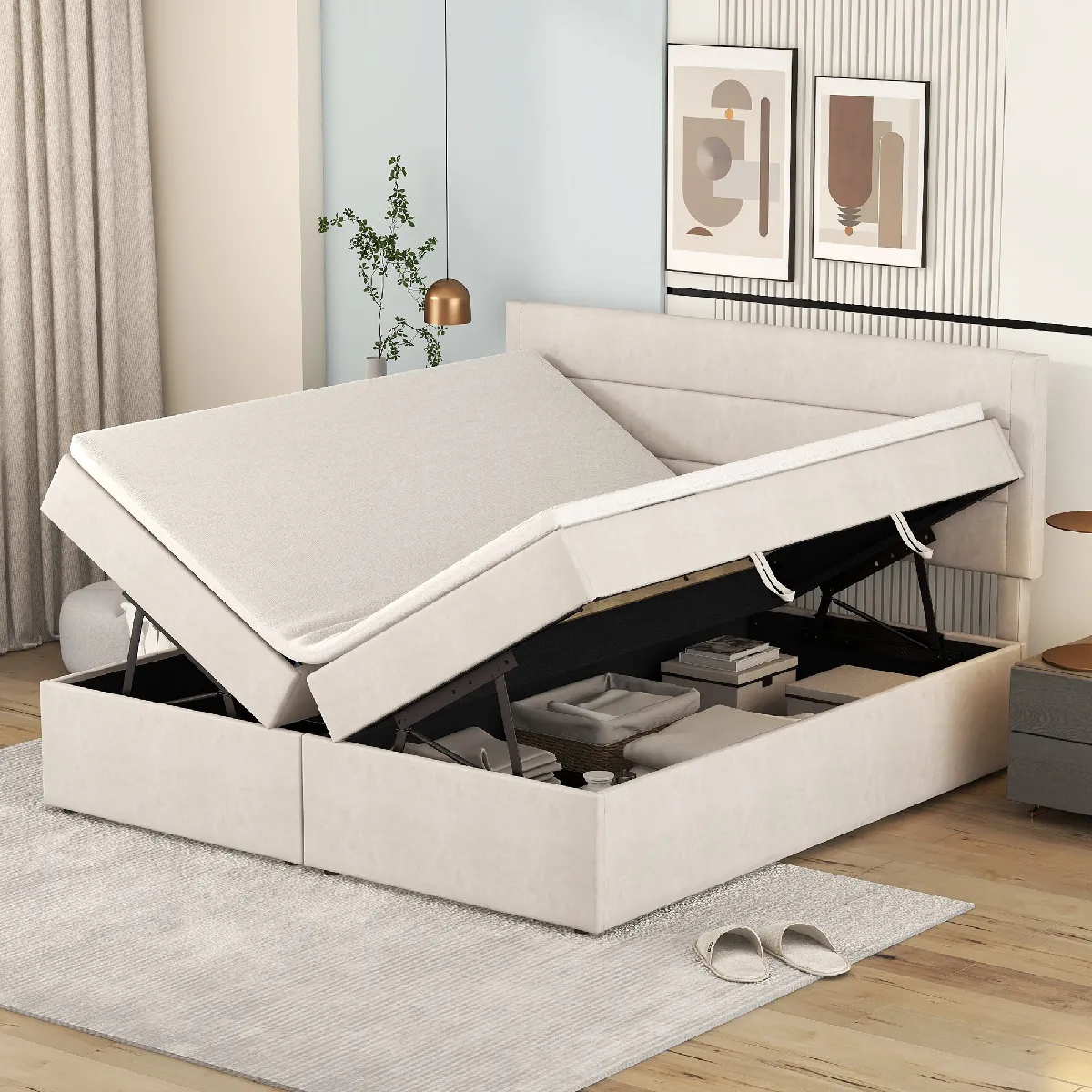 Lit capitonné avec grand rangement - Lin et MDF - Sans Matelas