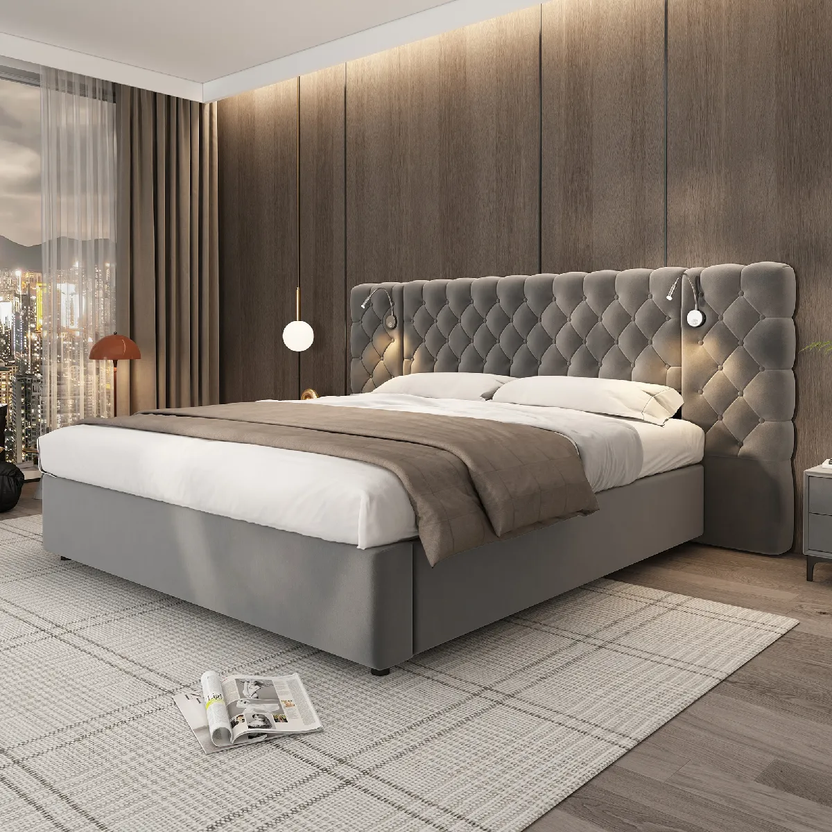Éclairage LED et rangement sous le lit - Velours et bois - Sans Matelas