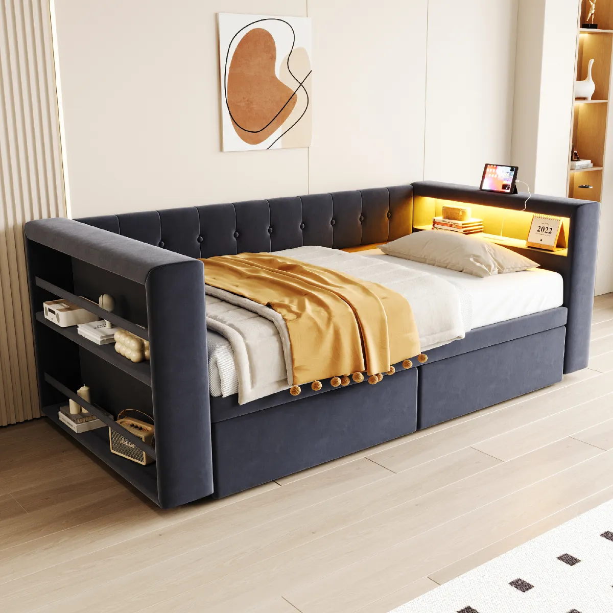 Éclairage LED et rangement sous le lit - Flanelle et MDF - Sans Matelas