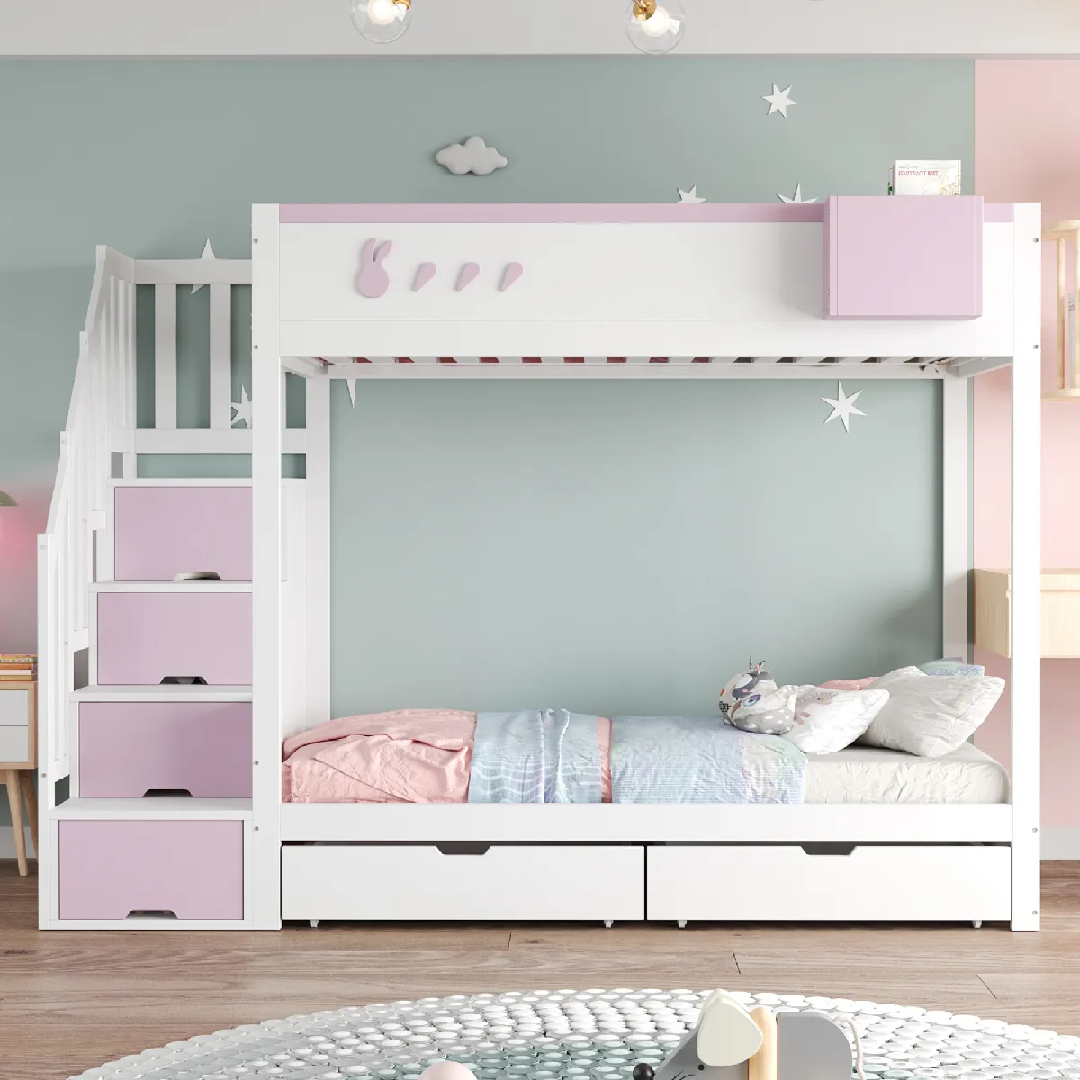 Gain de place avec rangement intégré et barrière de sécurité Matière : Bois + MDF Sans Matelas