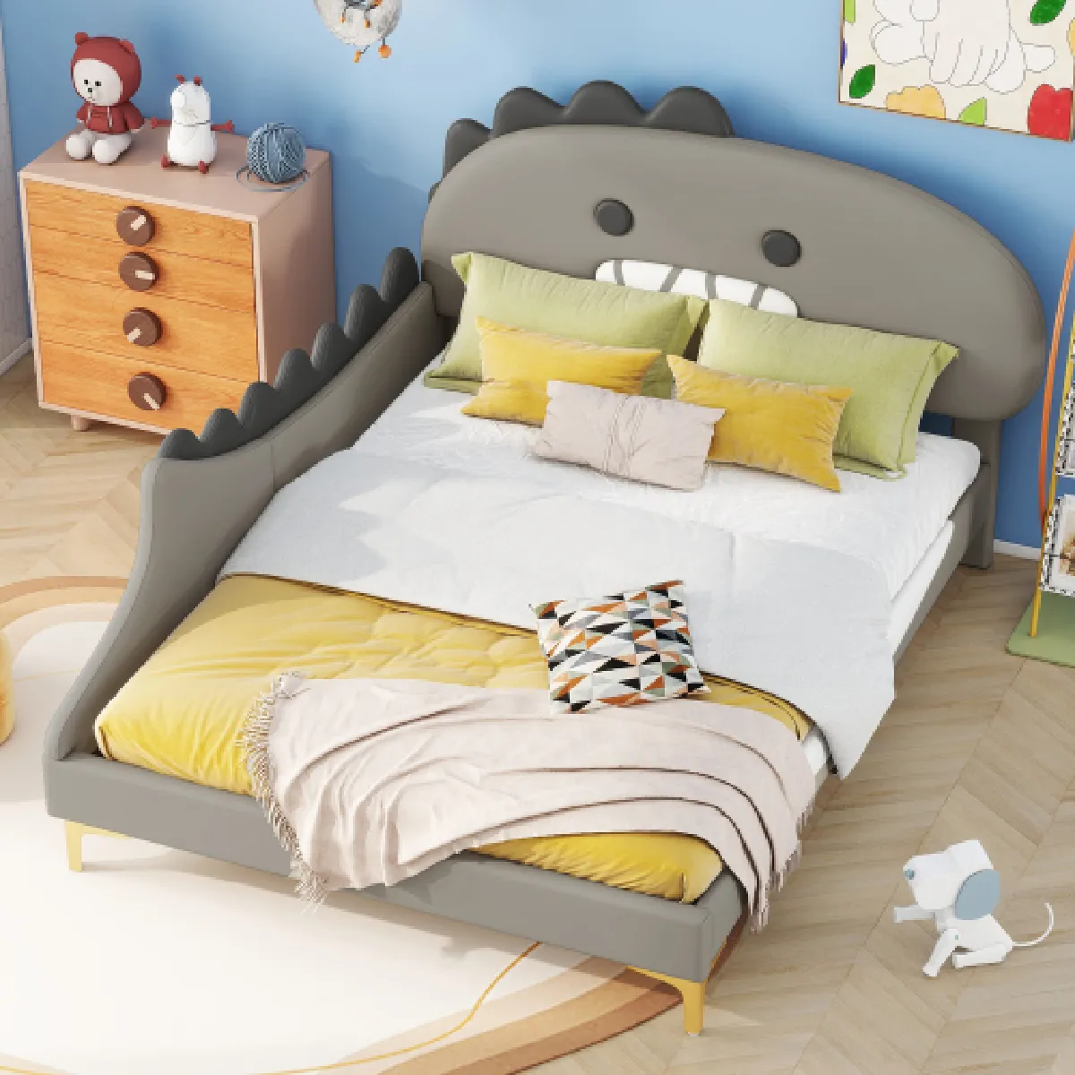 Lit enfant 140x200 cm, en similicuir, gris
