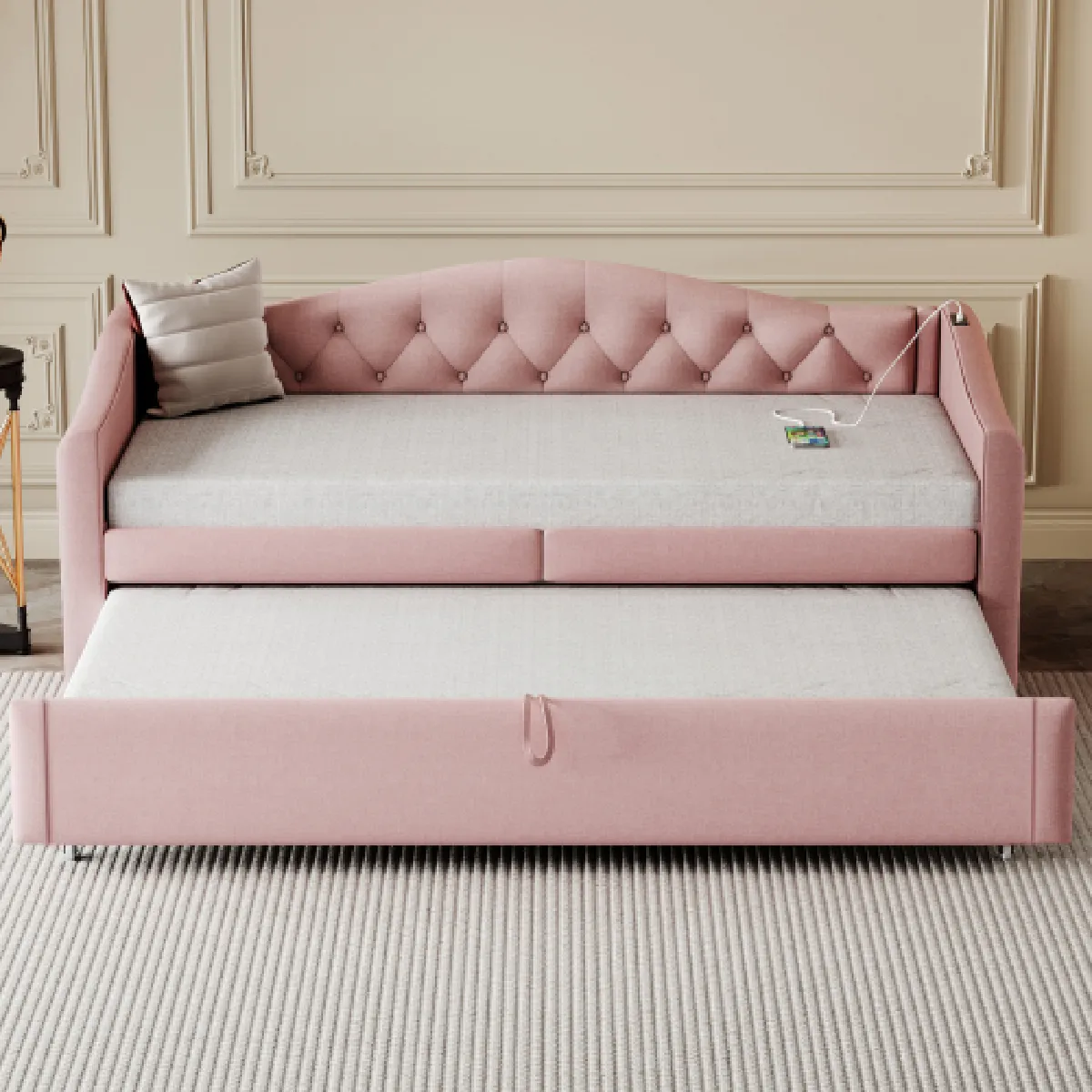 Lit gigogne 90x200 cm avec port USB, en lin, rose