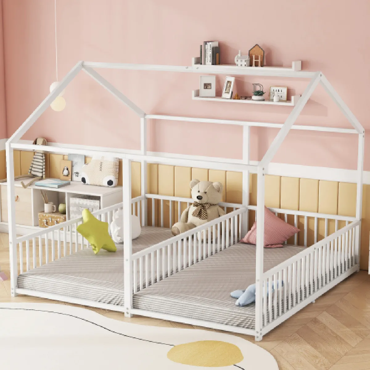 Lit cabane 90x200 cm avec barrière, en métal, blanc