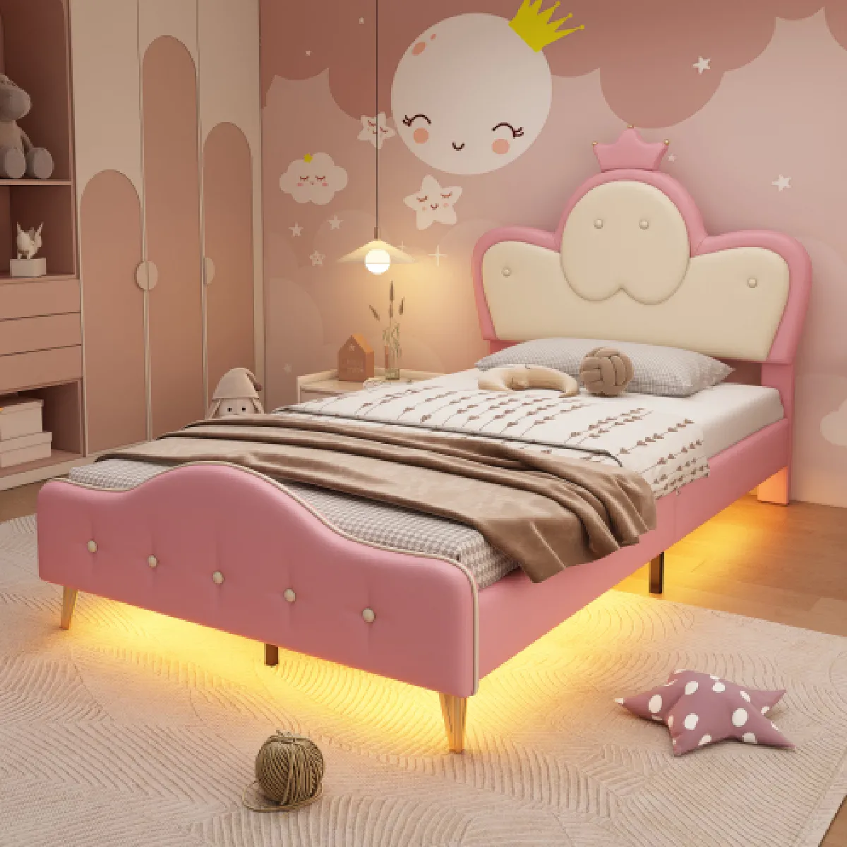 Lit enfant 90x200 cm avec bande LED, en similicuir, rose