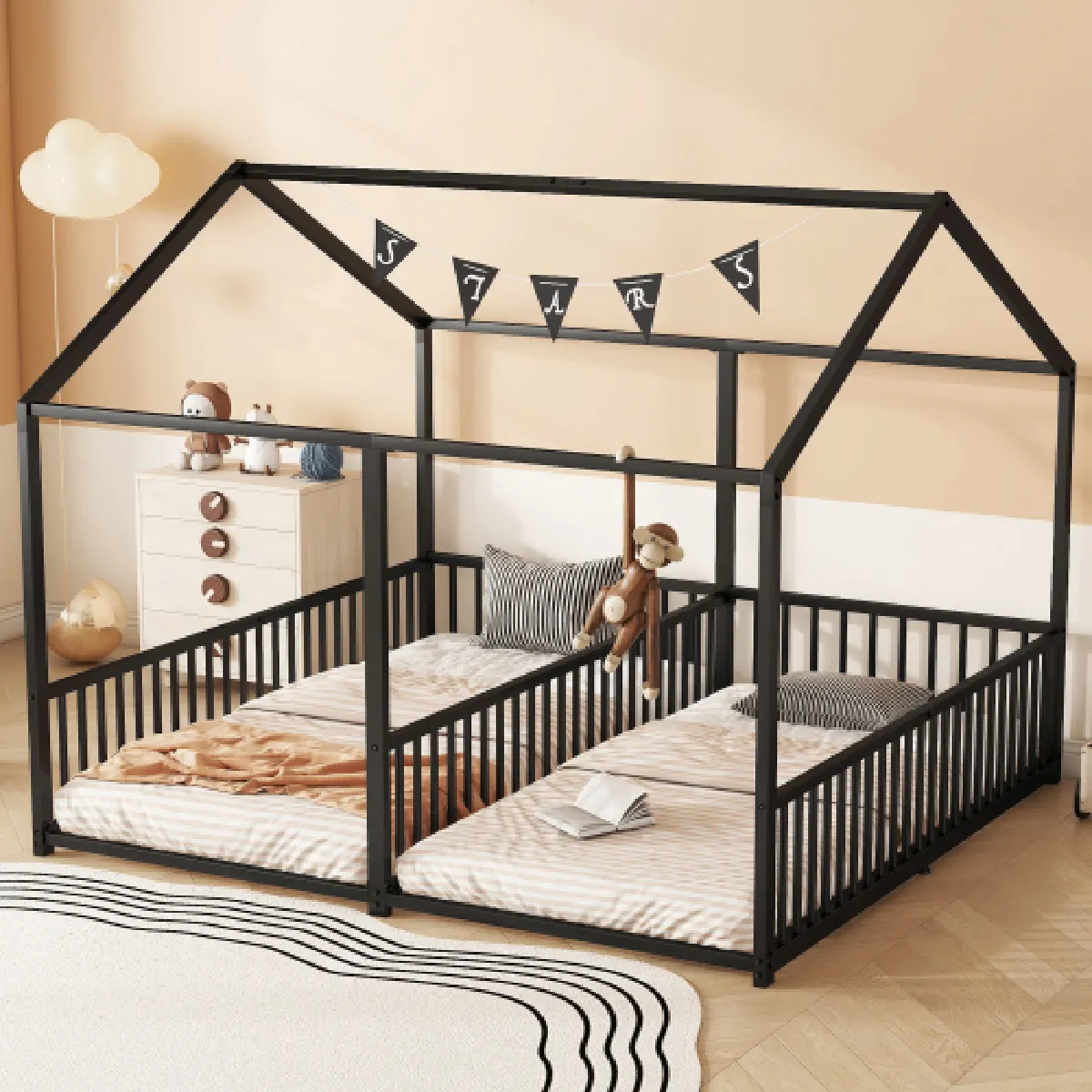 Lit cabane 90x200 cm avec barrière, en métal, noir