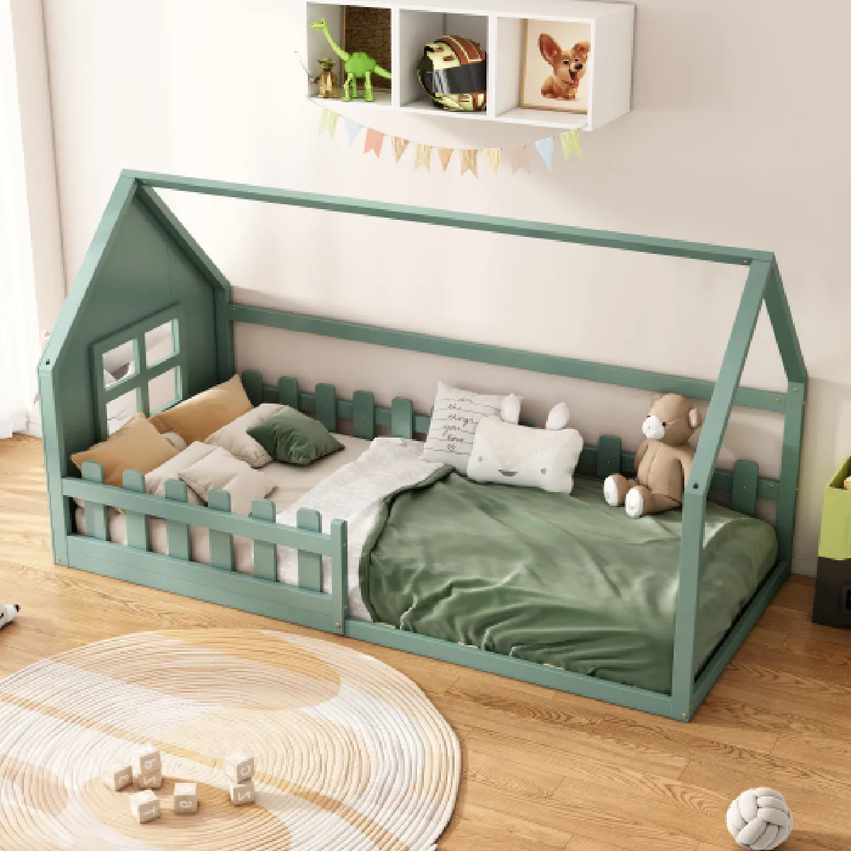 Lit cabane 90x200 cm, en pin, vert