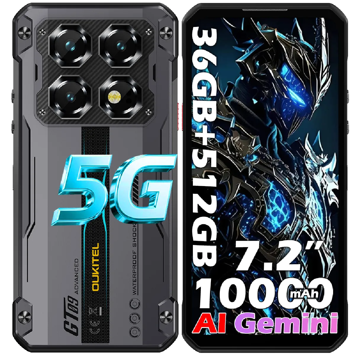 WP60 Smartphone Incassable 5G 36(12+24)+512GO/2TO TF,10000mAh 7.2"" GPS/NFC Noir