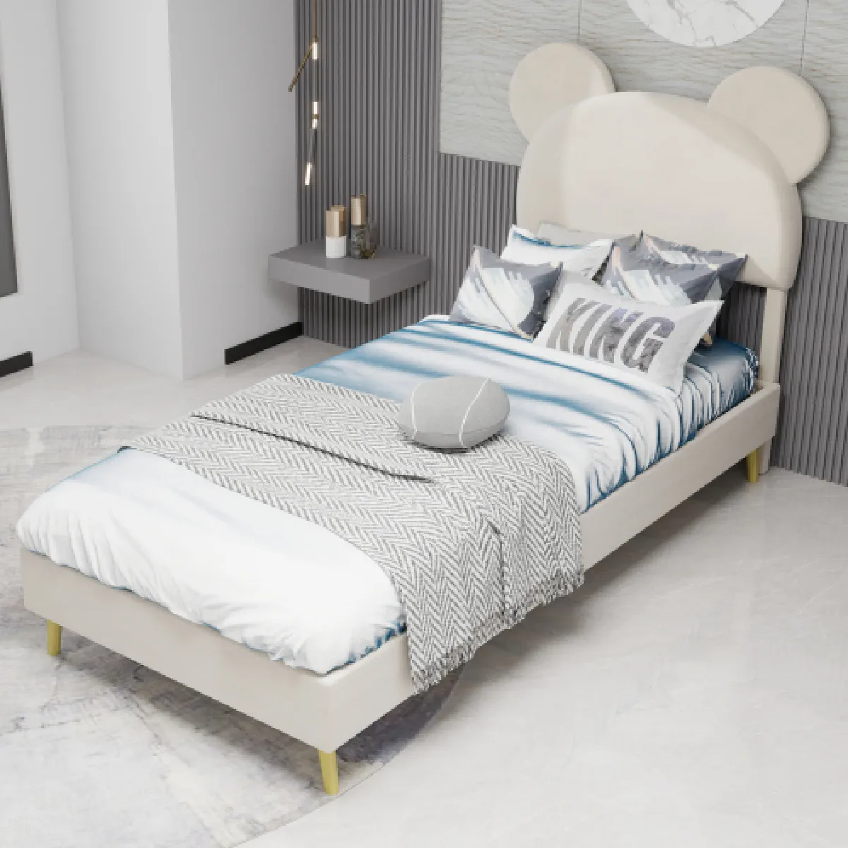 Lit enfant 90x200 cm avec tête de lit, en tissu, beige