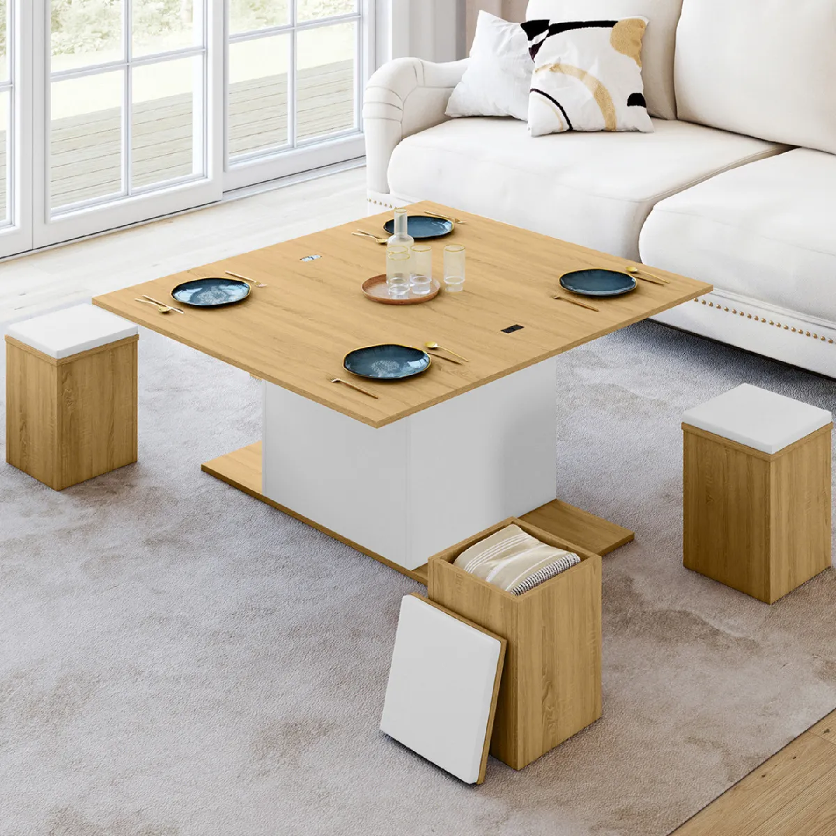 Meilleurs prix pour Table basse EDEN poufs bois/bl