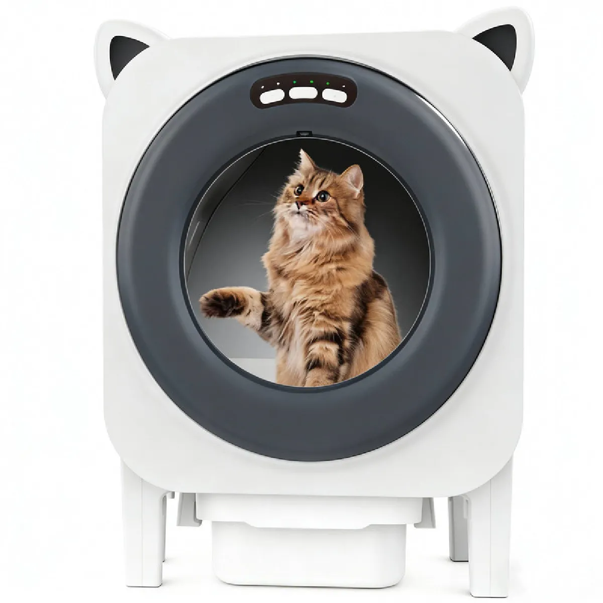 Meilleurs prix pour Bac à litière autonettoyant à couvercle ouvert avec système de ventilation anti-odeurs. Accessoires inclus : deux rouleaux de sacs poubelles et des sachets de charbon actif.