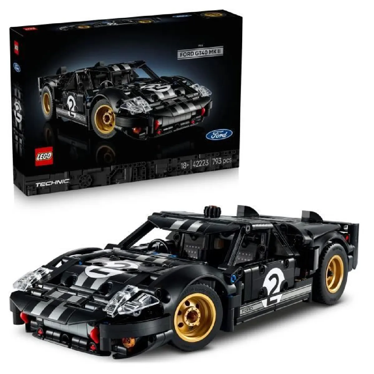 Lego Noir & Blanc Voiture Technic Ford Gt40 Mk Ii 42223 - 793 Pièces, V8 Fonctionnel, Noir Et Argent - Neuf - Image 11