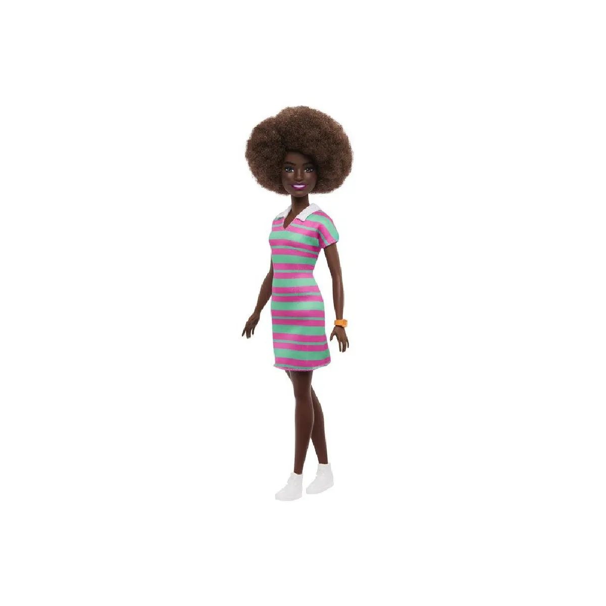Barbie Poupée Barbie Fashionistas Robe à Col à Rayures roses et vertes avec cheveux noirs bouclés et accessoires comme une montre et des baskets blanches JJN60 - vue 8