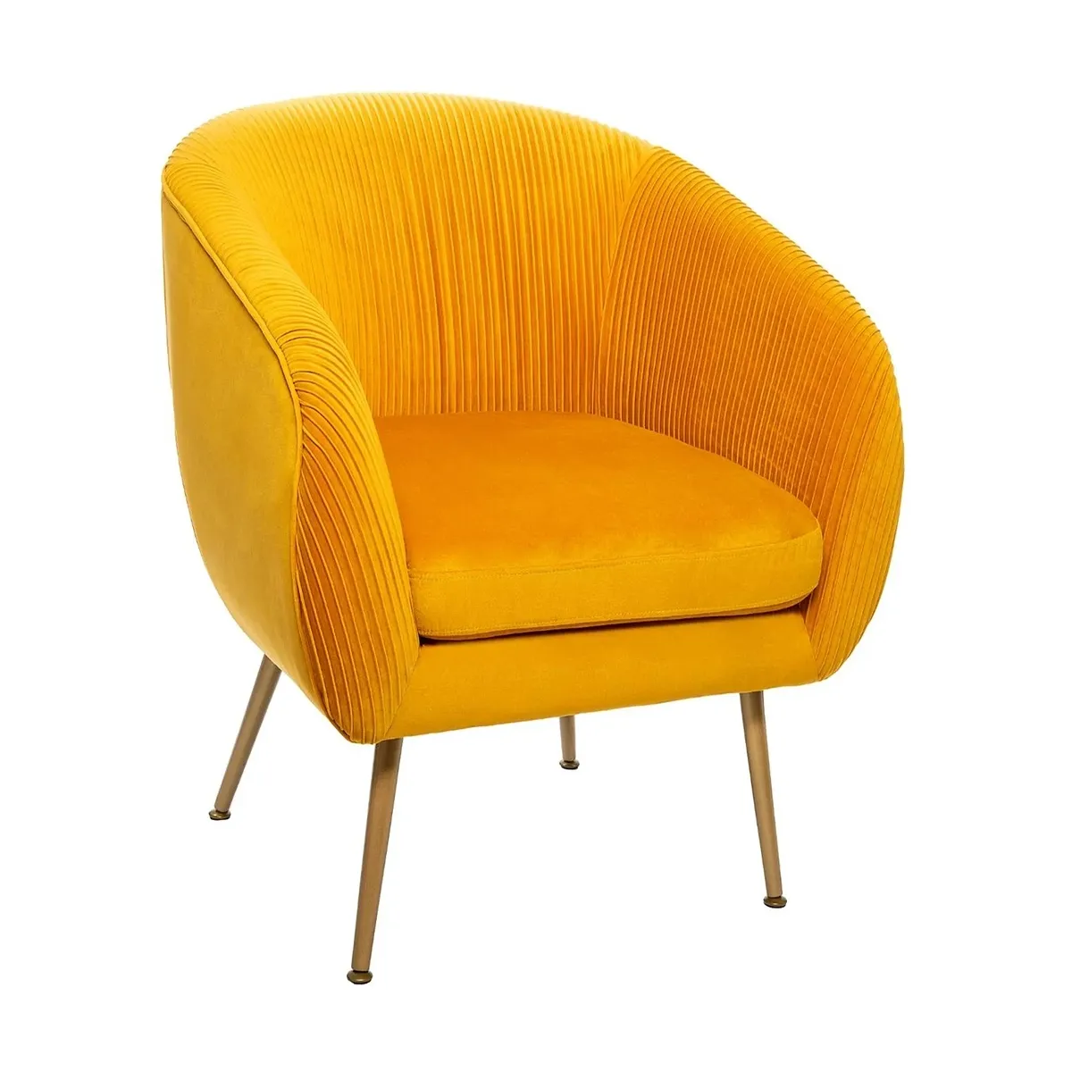 Fauteuil en velours coloris ocre plissé et pieds en métal doré - Longueur 74 x Profondeur 70 x Hauteur 78 cm