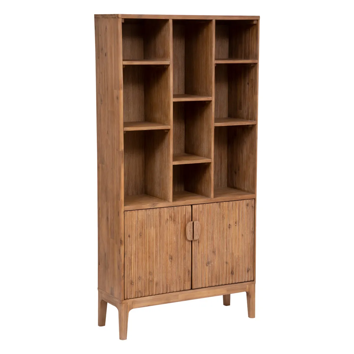 Bibliothèque en bois d'acacia avec 2 portes et étagères - Longueur 95 x Profondeur 35 x Hauteur 190 cm