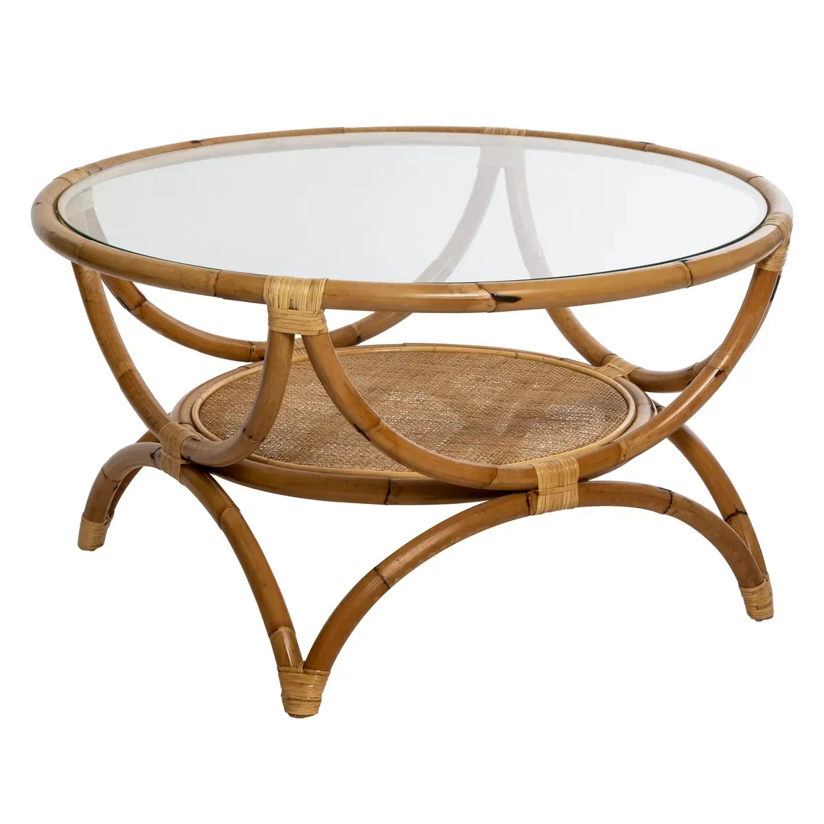 Meilleurs prix pour Table basse avec rangements en rotin et verre trempé - Diamètre 90 x Hauteur 51 cm