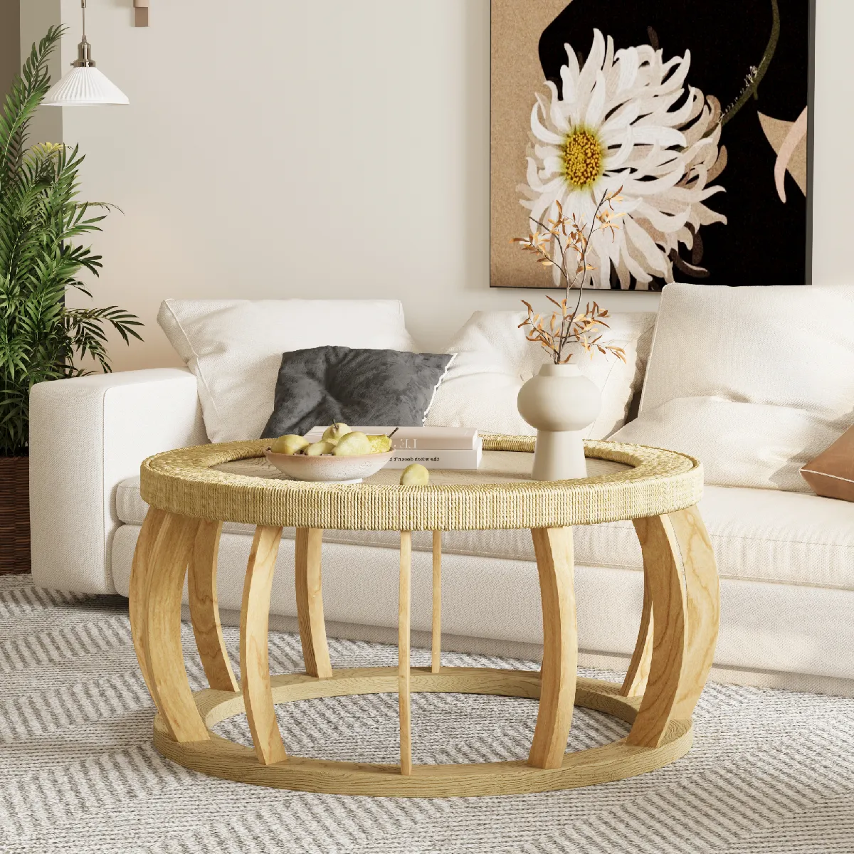 Table basse ronde de salon 90x90 cm, naturel