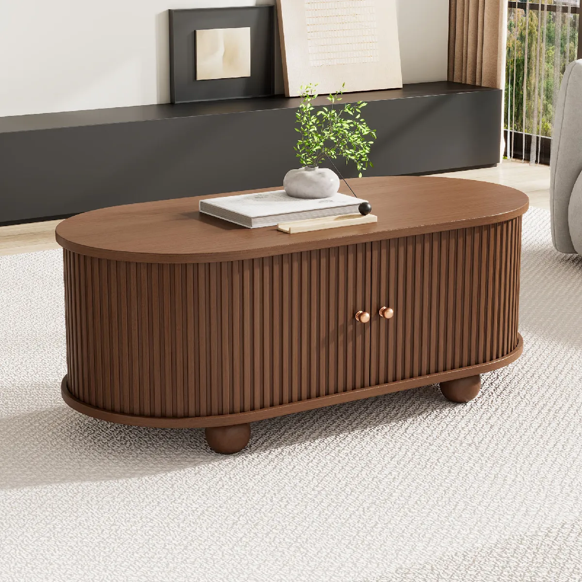 Table basse ovale 100x50x40 cm avec rangement et portes coulissantes, noyer