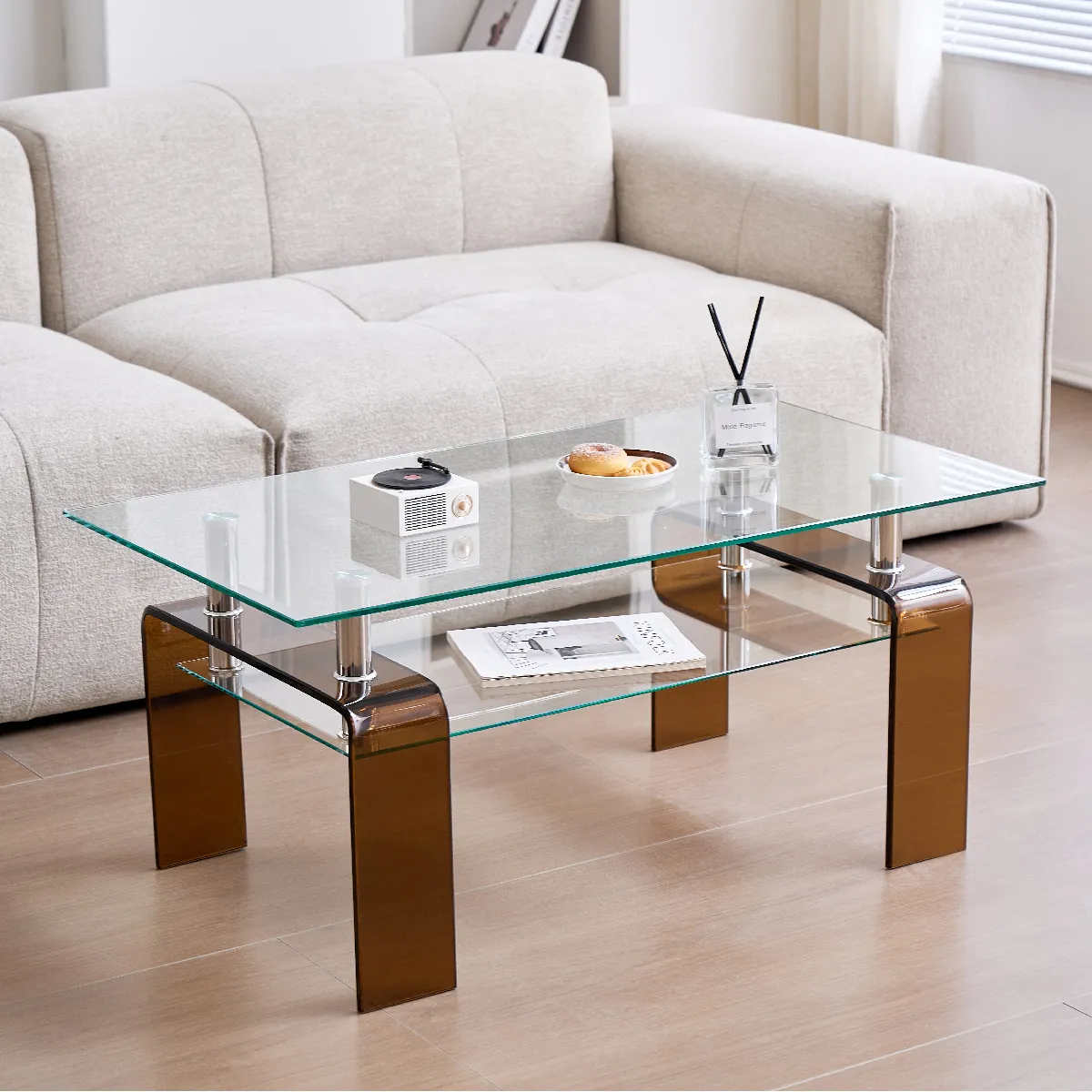Table basse rectangulaire 100x55 cm, en verre et métal, transparent et marron