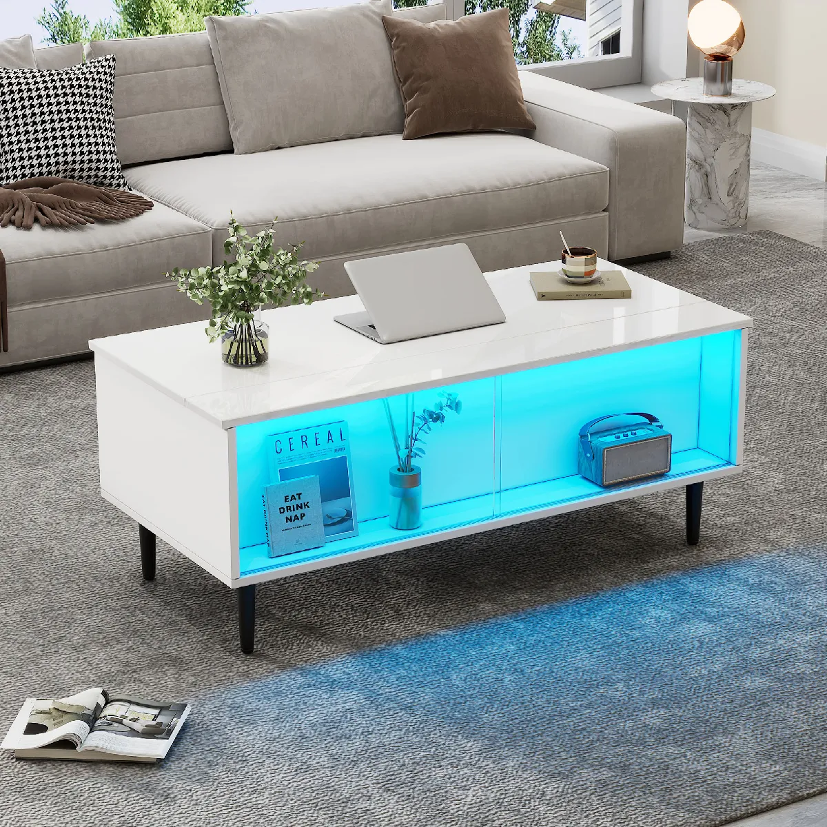 Table basse relevable blanche 105x50 cm avec rangement et LED