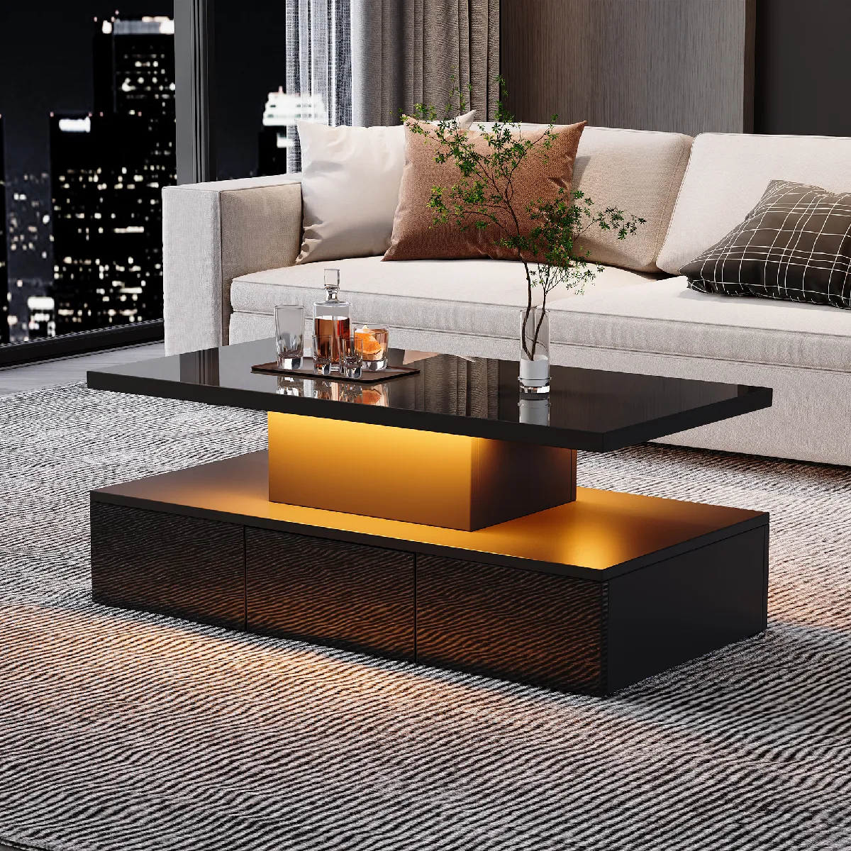 Table basse rectangulaire noire 100x50 cm avec rangement et LED