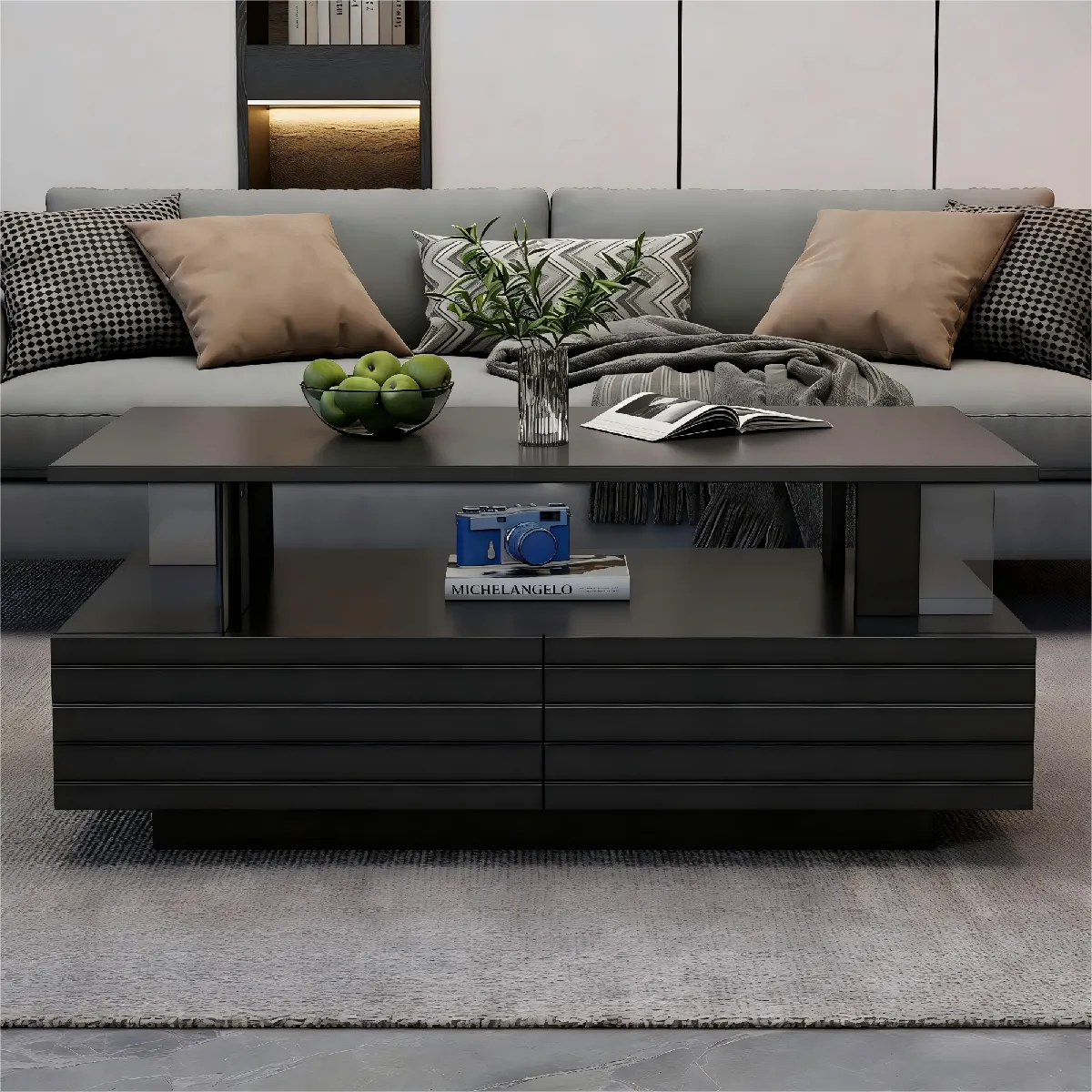 Table basse rectangulaire noire 100x50 cm avec rangement, LED et panneau en acrylique