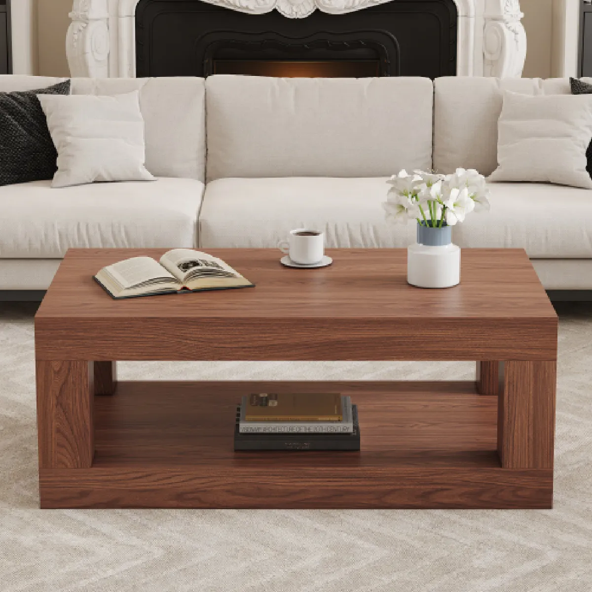 Table basse rectangulaire avec rangement, en MDF, style industriel, noyer