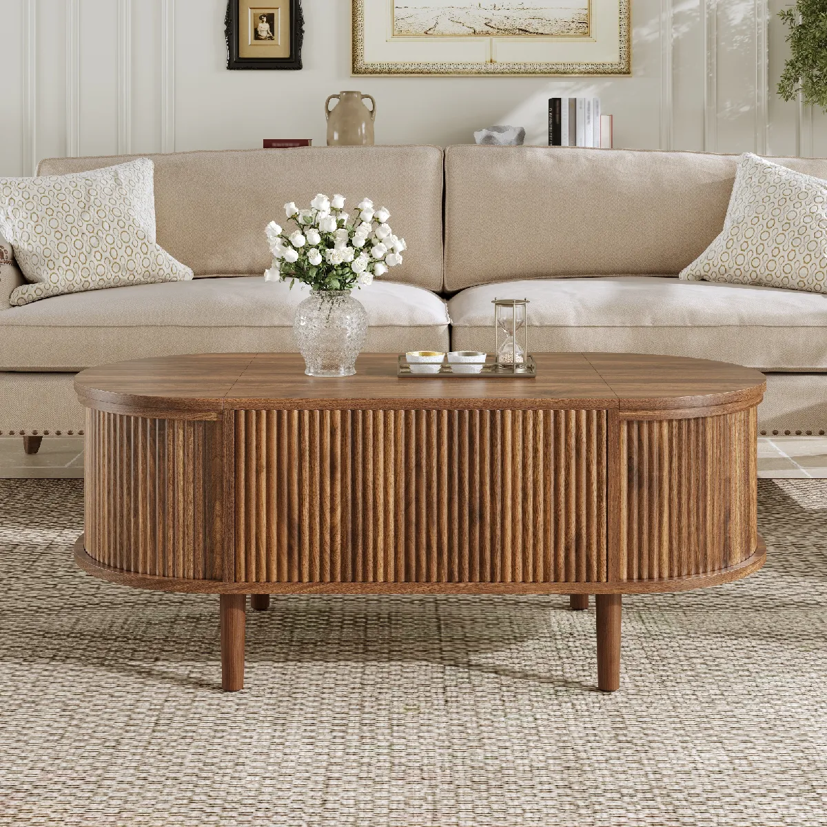 Table basse relevable ovale 100x48 cm avec rangement, noyer