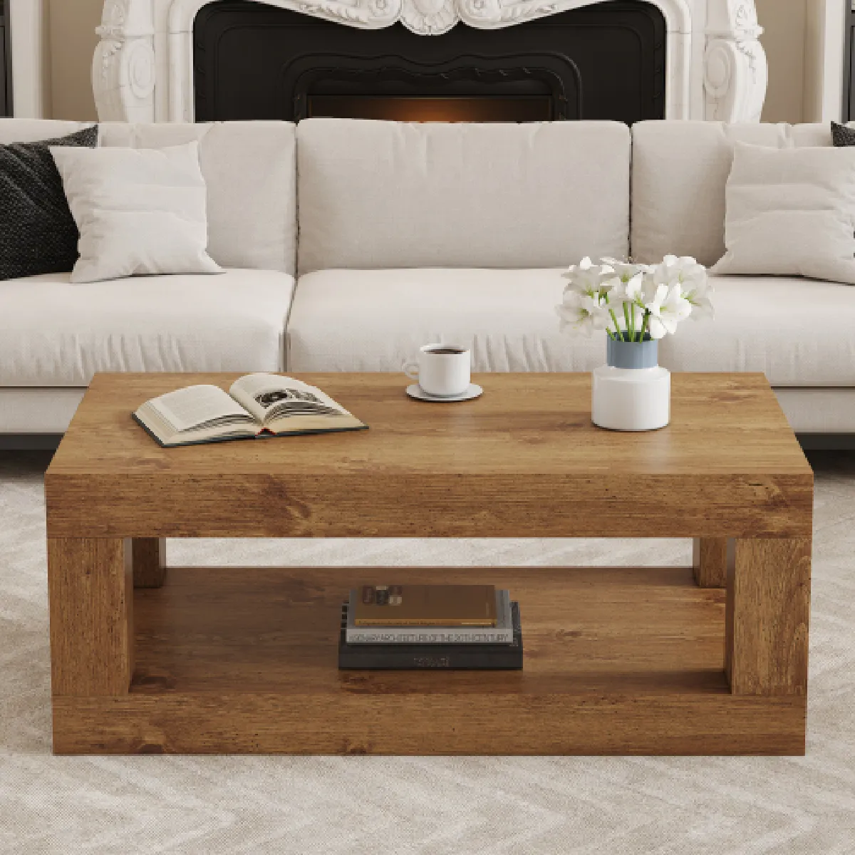 Table basse bois rectangulaire avec rangement 2 niveaux, style industriel