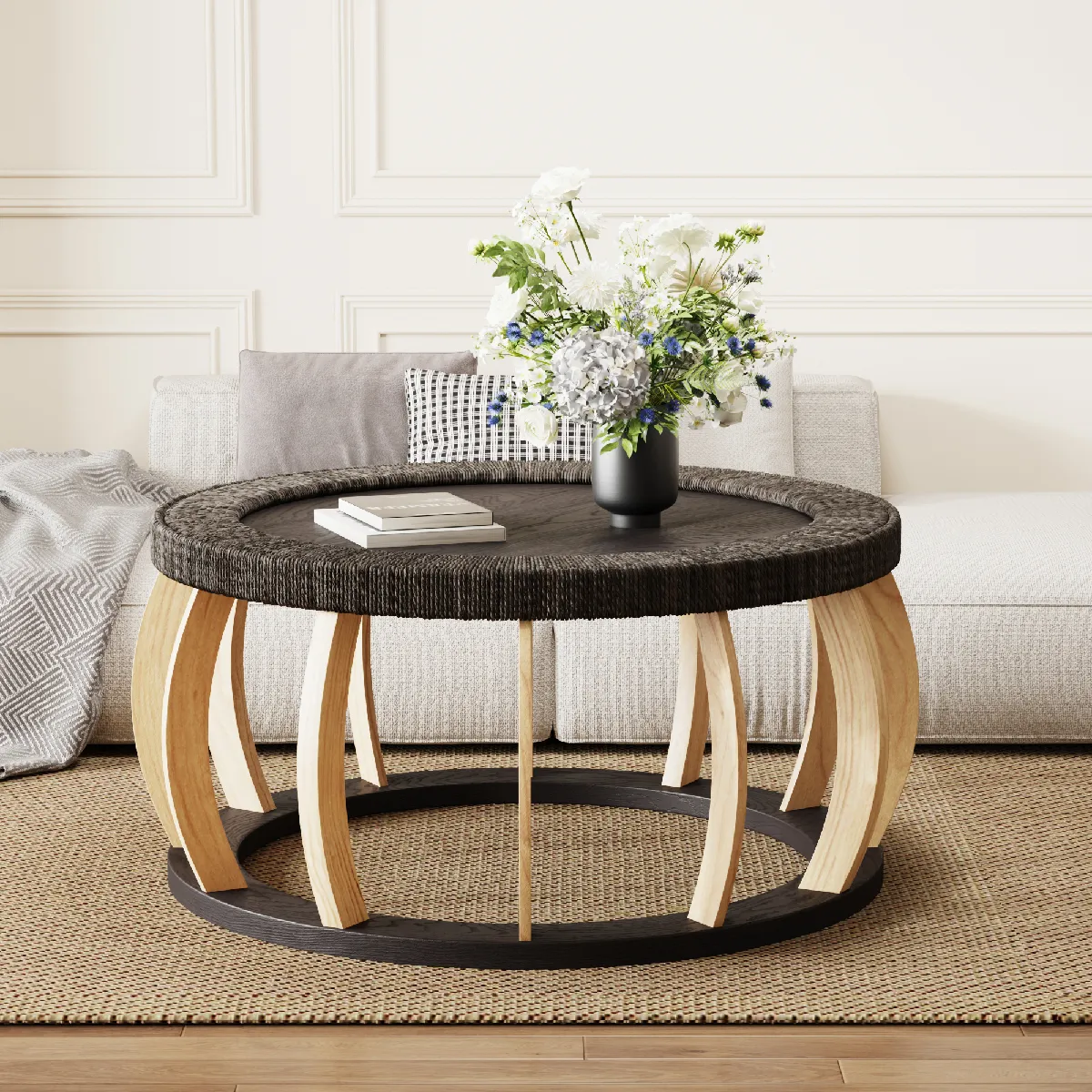 Table basse ronde de salon 90x90 cm, style bohème, noir et bois