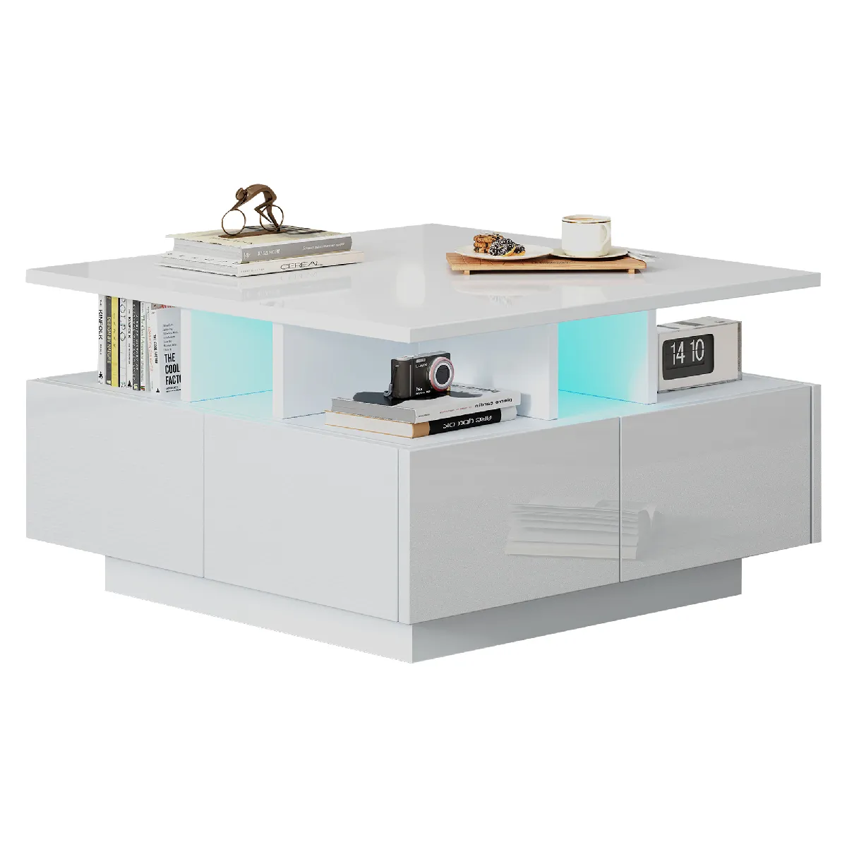 Table Basse 70×70×40 Cm, LED, 4 Tiroirs, Rangements Ouverts, Panneaux Particules, Blanc