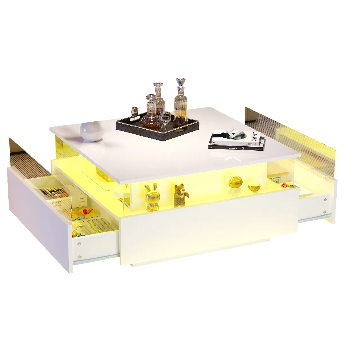 Table Basse 70x70x41cm avec LED et 2 Tiroirs, Panneaux Particules blanc
