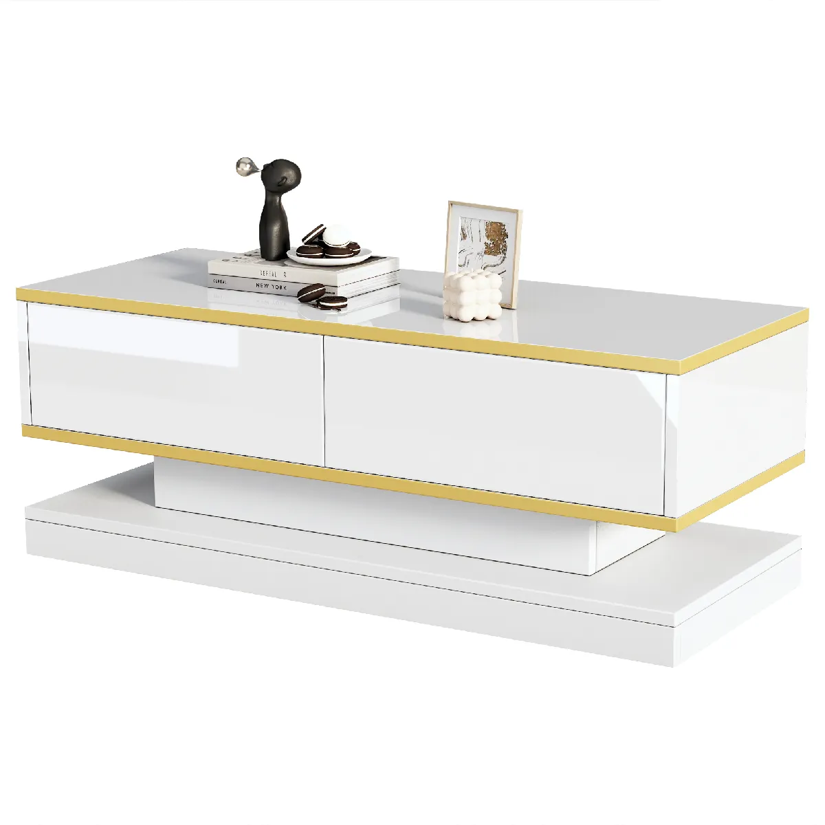 Table basse 100x50x38 cm 2 tiroirs push brillant panneau de particules blanc