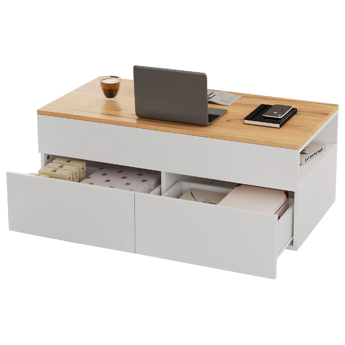 Table Basse Relevable 100x50x40 Cm, 2 Tiroirs, Rangement Caché, Panneaux Particules, Blanc