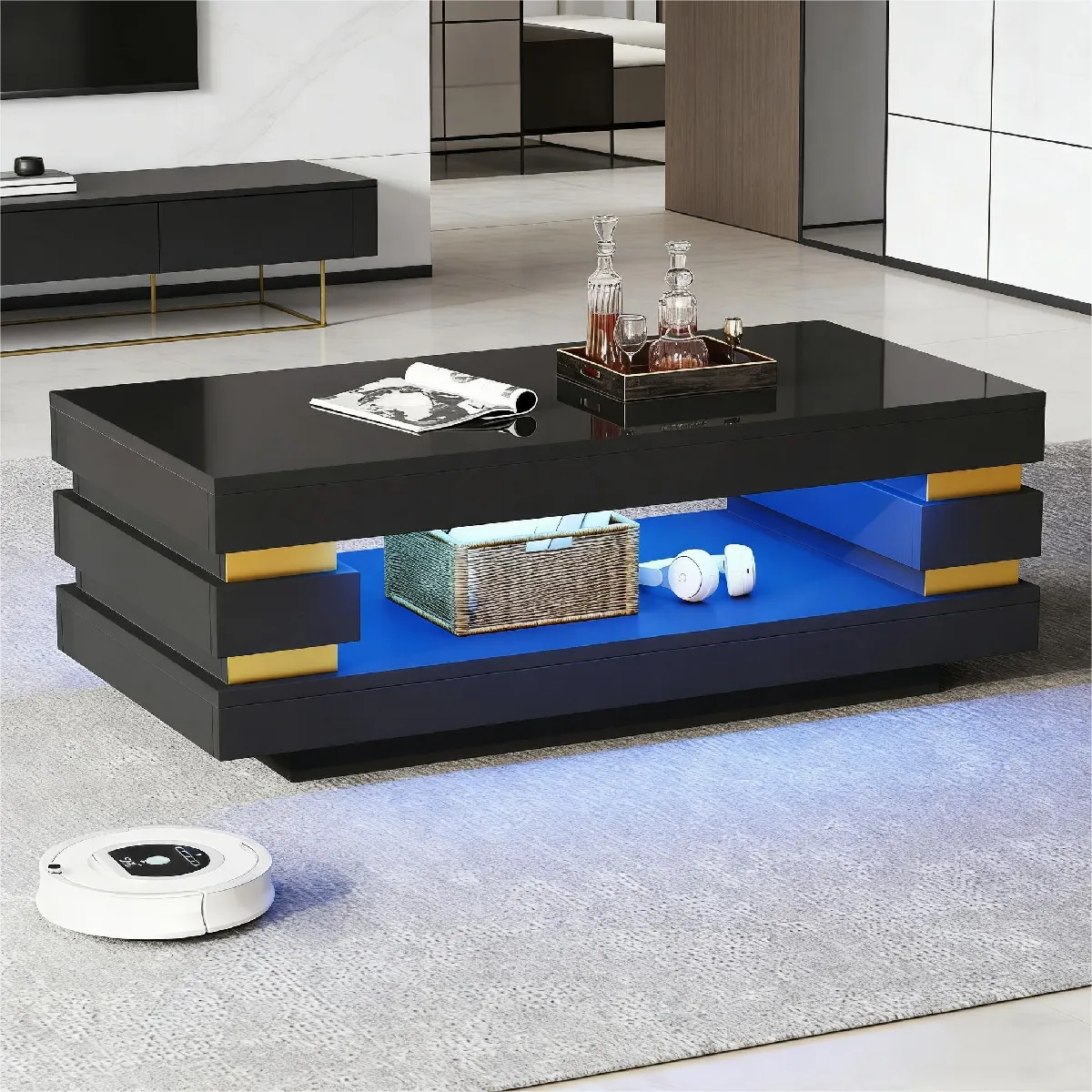 Table basse LED 100x50x35 cm avec rangement ouvert, finition brillante, panneaux PB, noir
