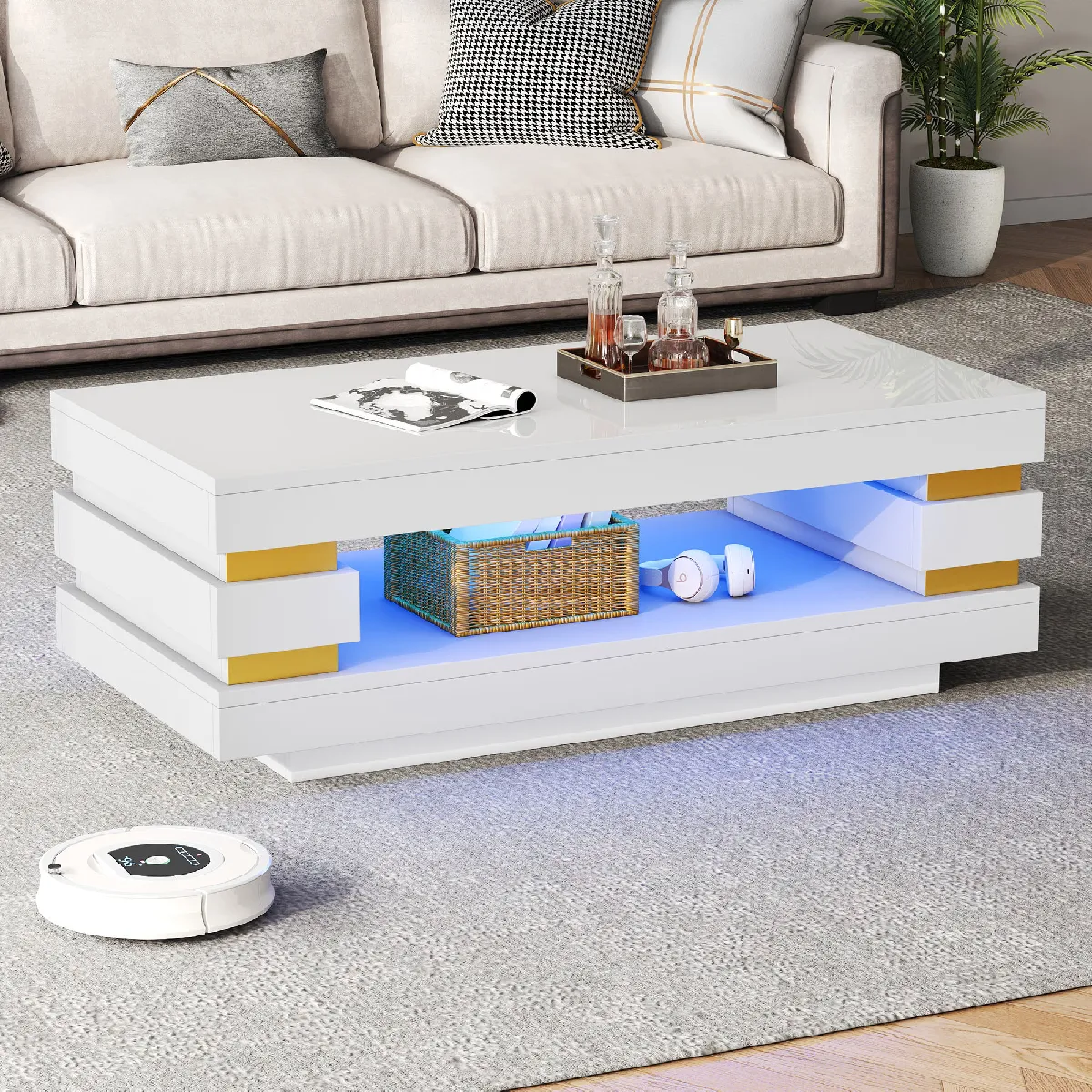 Table basse LED 100x50x35 cm avec rangement ouvert, finition brillante, panneaux PB, blanc